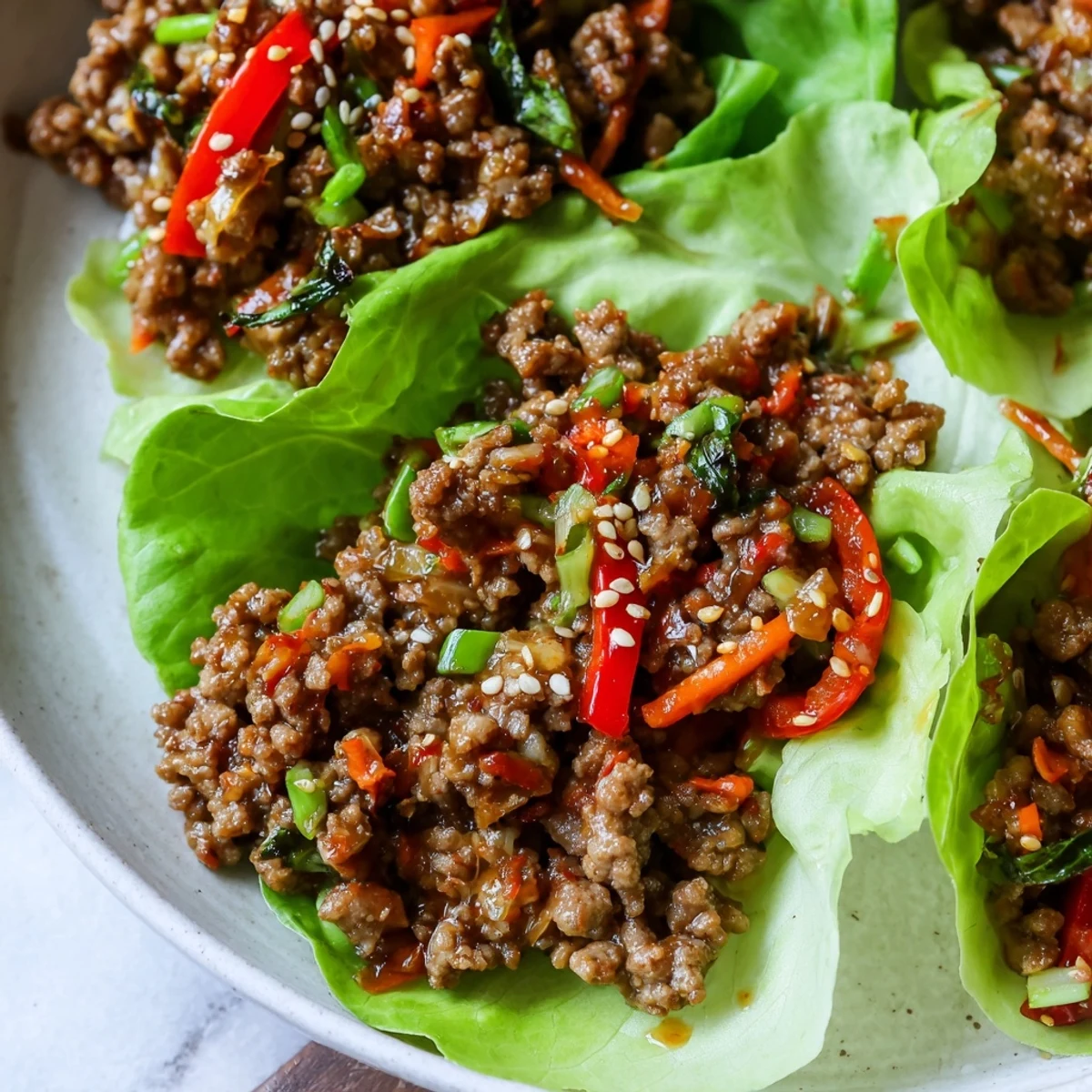 Freshly prepared beef lettuce wraps featuring tender, perfectly seasoned beef nestled within crisp lettuce cups.
