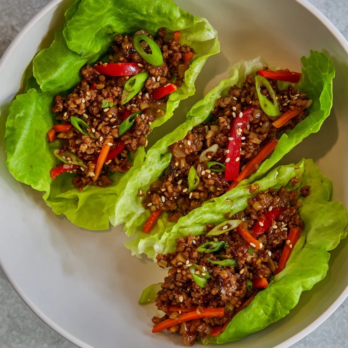 Savory beef lettuce wraps brimming with seasoned ground beef and vibrant vegetables, ready for serving.