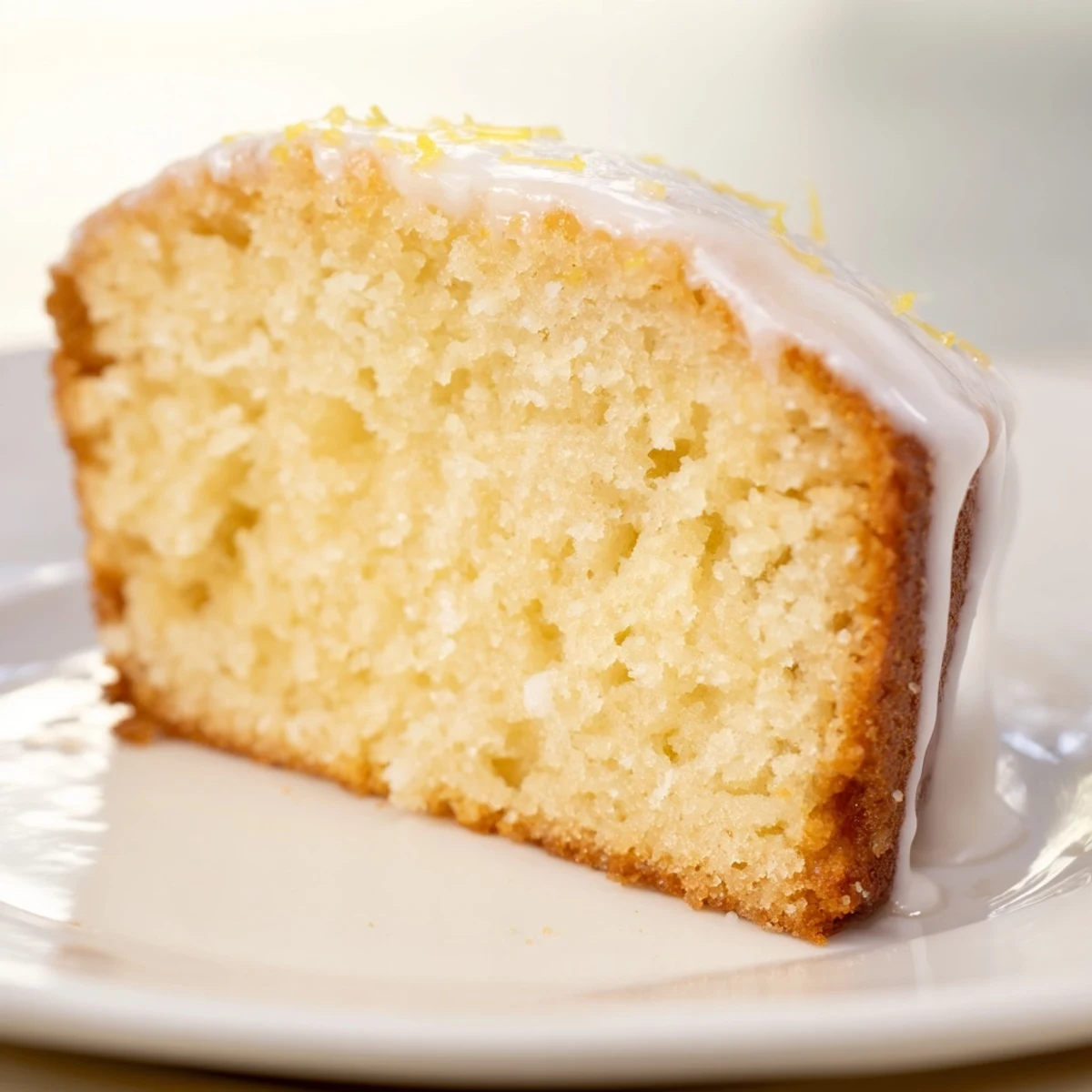 Moist slice of Lemon Loaf with a glistening glaze, perfect for a cozy afternoon treat.