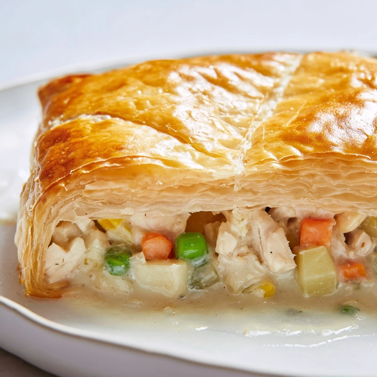 Flaky, golden crust covering a warm Chicken Pot Pie, bubbling with creamy chicken and vegetables.
