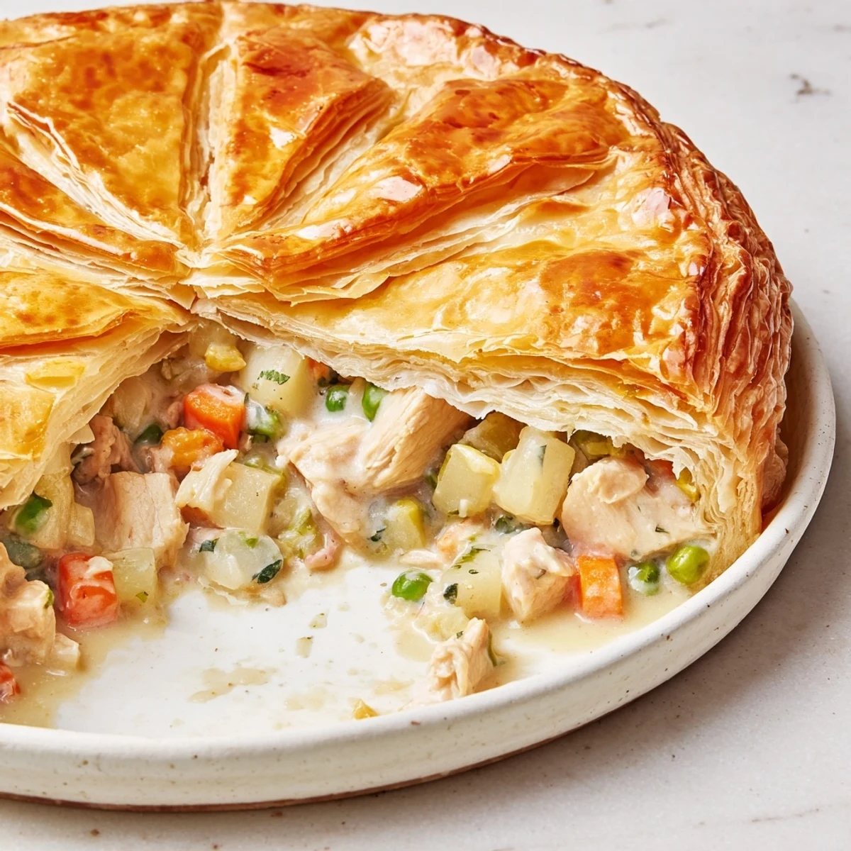 Close-up of a rustic Chicken Pot Pie, showing tender chicken and vegetables beneath a golden crust.