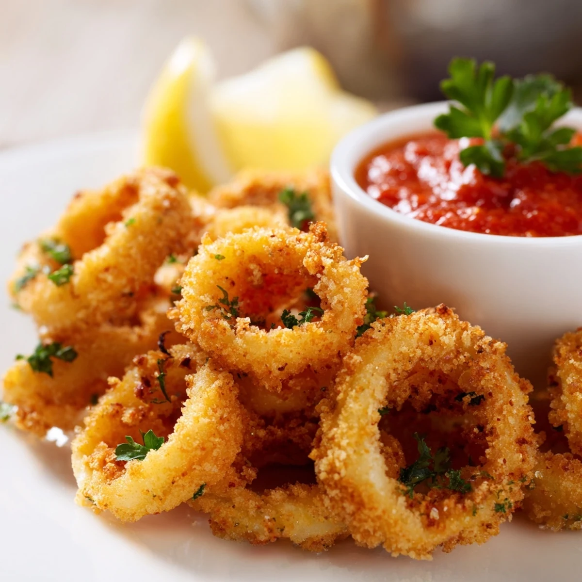 A close-up view of Crispy Calamari with Marinara Dipping Sauce showing crunchy golden rings and zesty red tomato sauce.