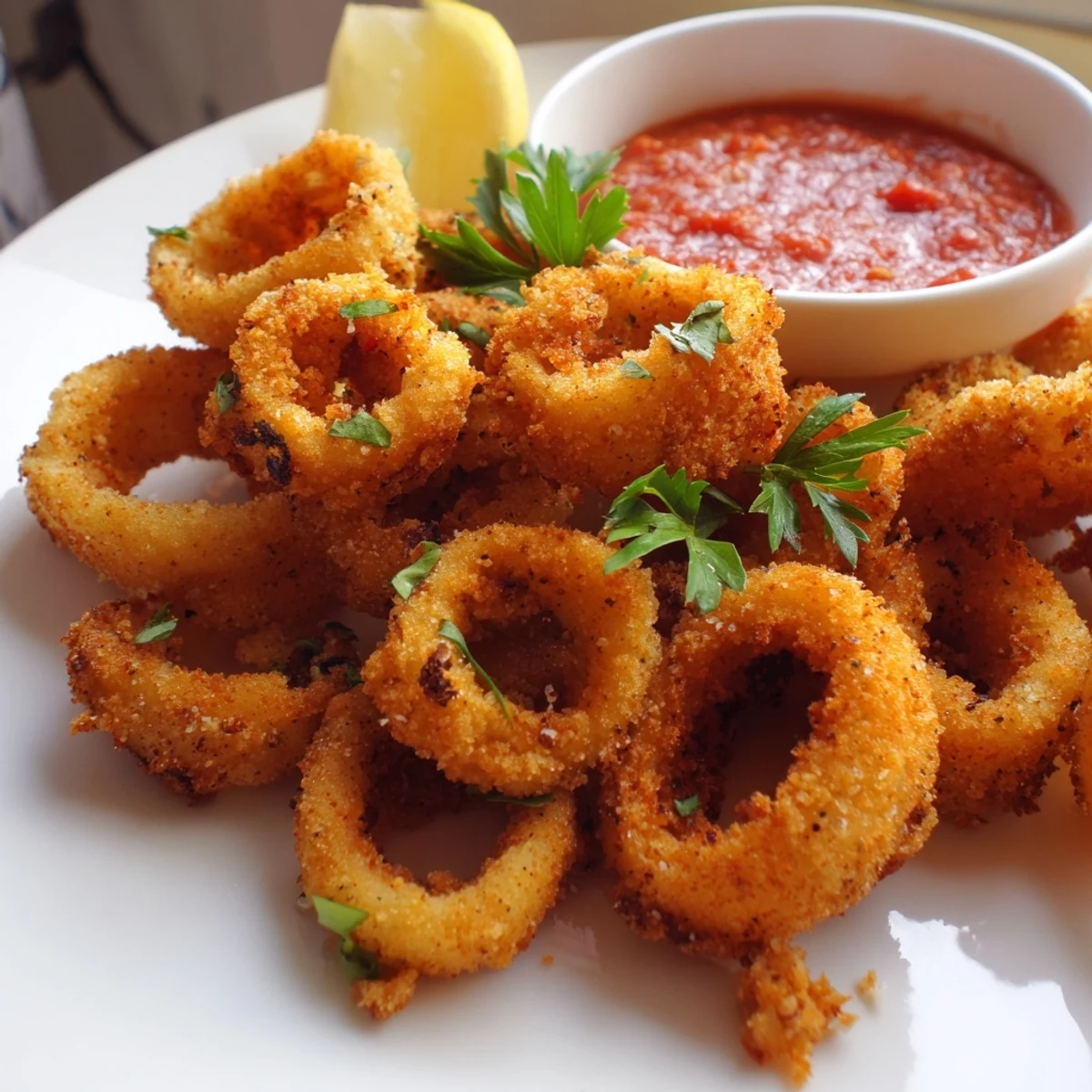 Golden-battered Crispy Calamari with Marinara Dipping Sauce piled high on a white plate, garnished with fresh parsley.