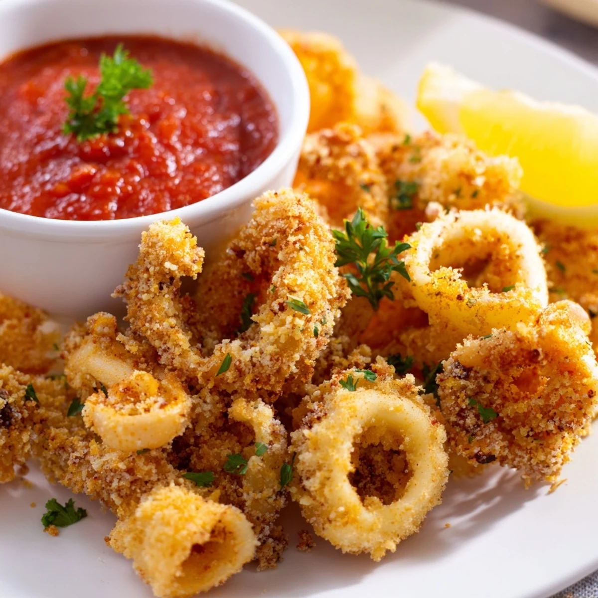 Platter of Crispy Calamari with Marinara Dipping sauce served with lemon wedges and a sprinkle of fresh herbs.