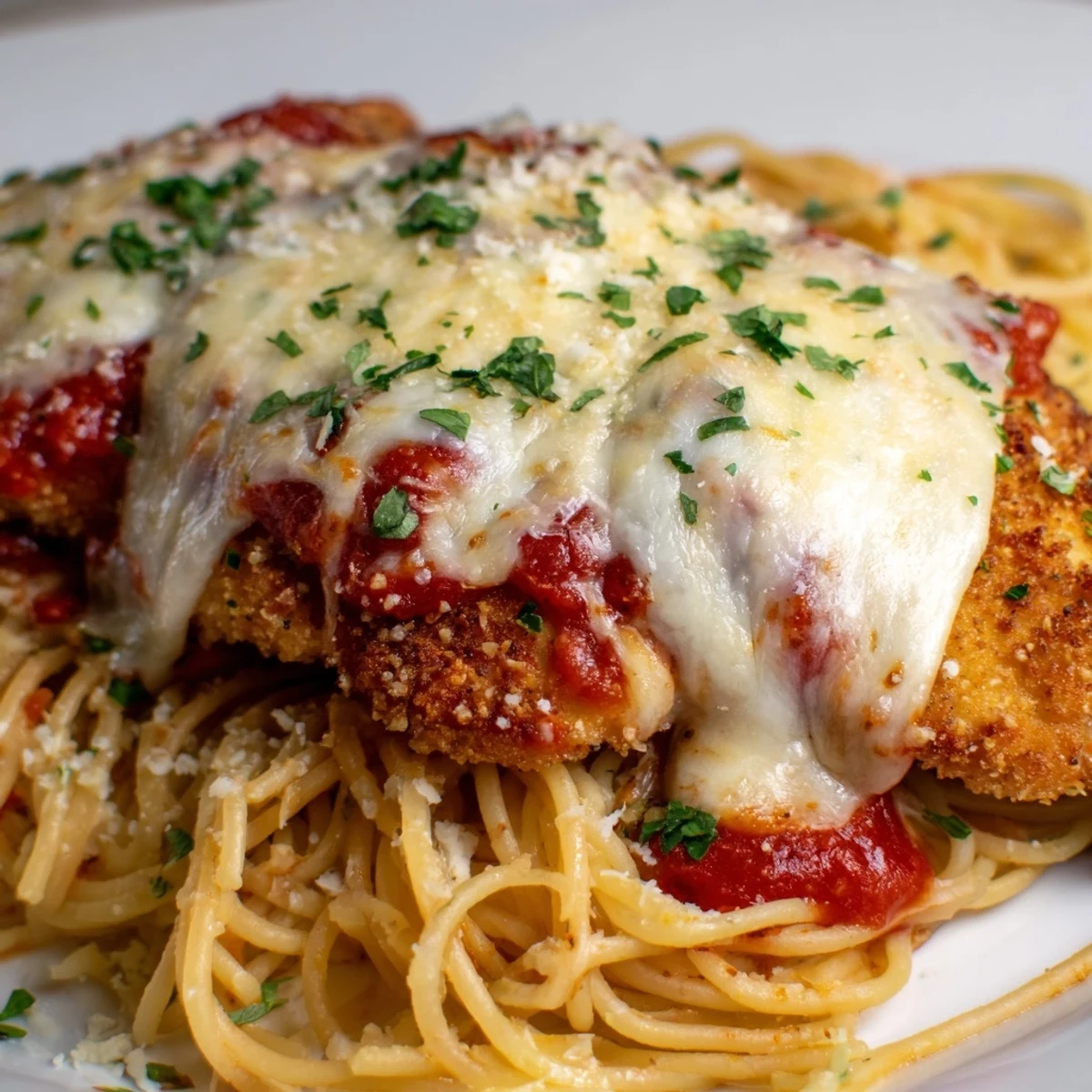 Crispy golden Chicken Parmesan over spaghetti marinara, with melted mozzarella and fresh basil garnish for a classic Italian-American dinner.