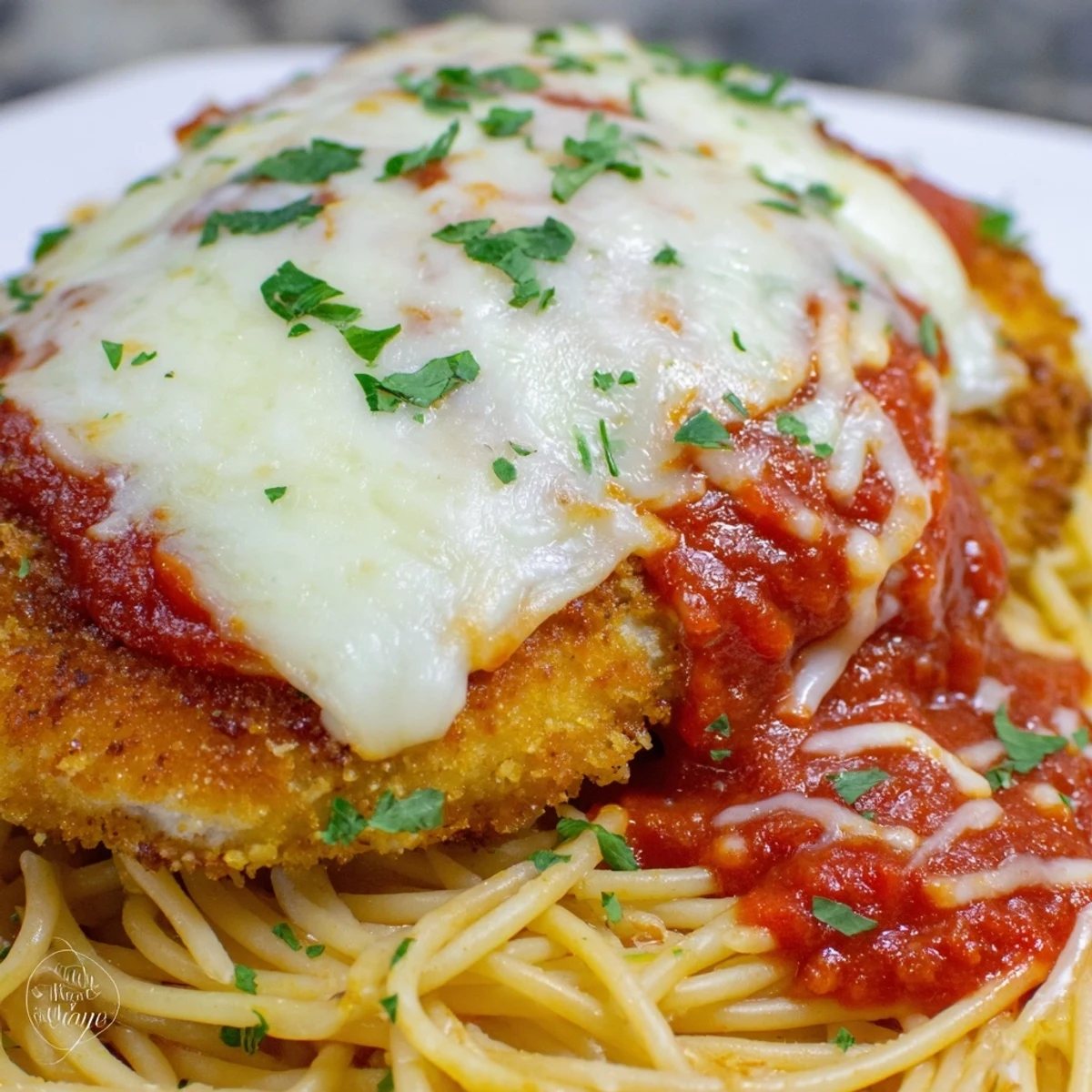 Perfectly browned chicken breasts topped with rich red marinara and bubbly cheese served alongside al dente spaghetti noodles.