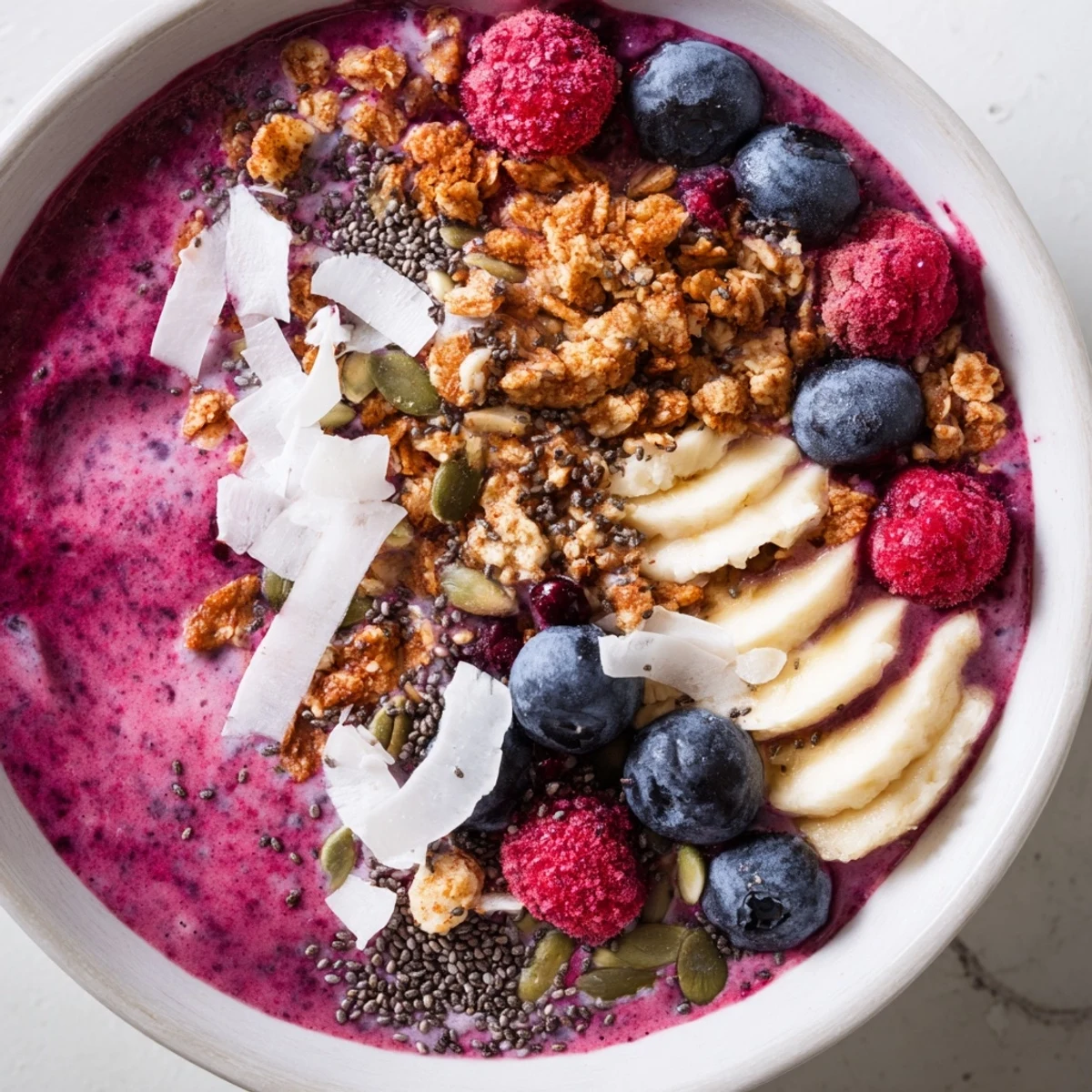 A vibrant Winter Berry Smoothie Bowl topped with granola, fresh berries, and chia seeds beside a glass of almond milk.