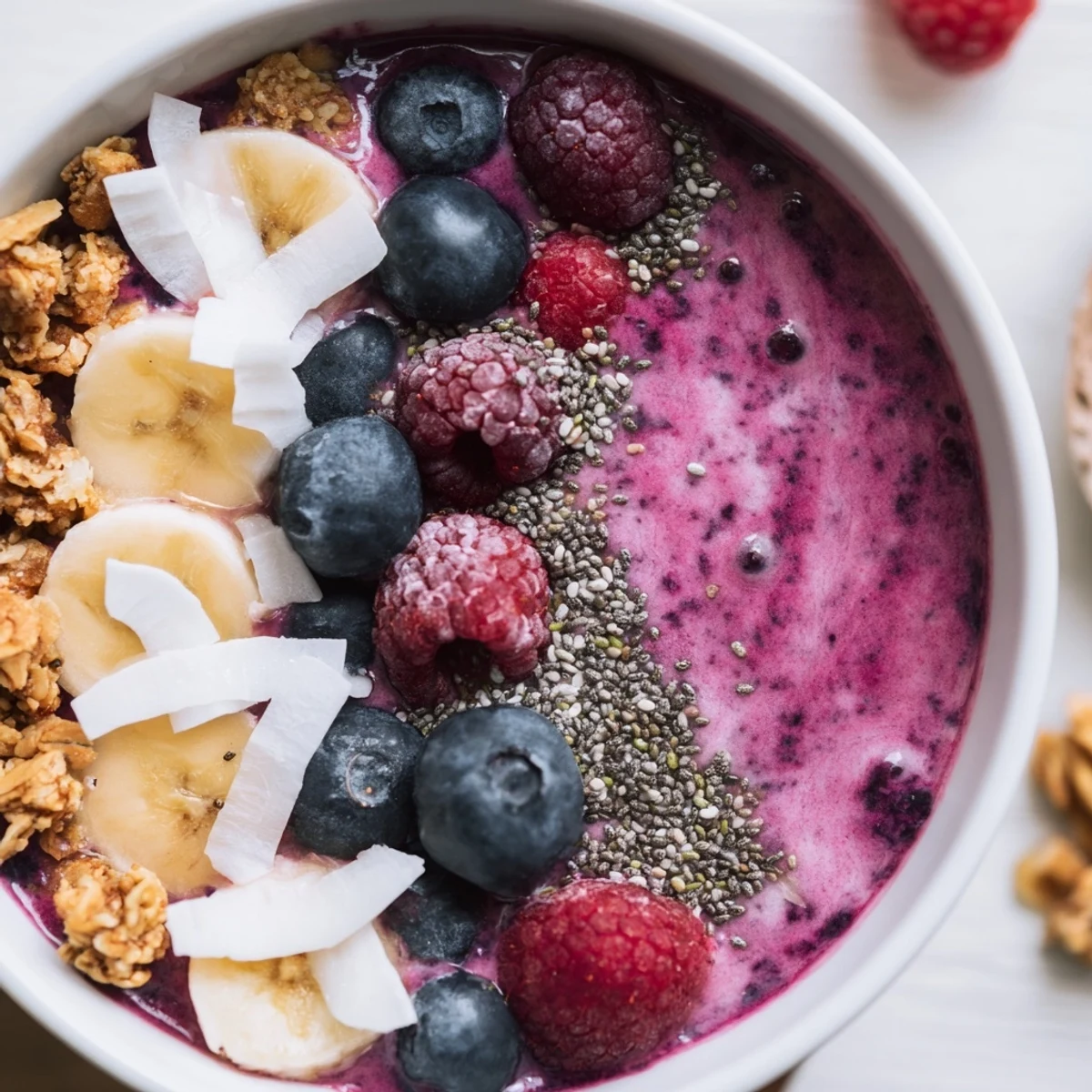 Delicious Winter Berry Smoothie Bowl featuring a rich purple base, crunchy granola, and colorful fresh winter berries.