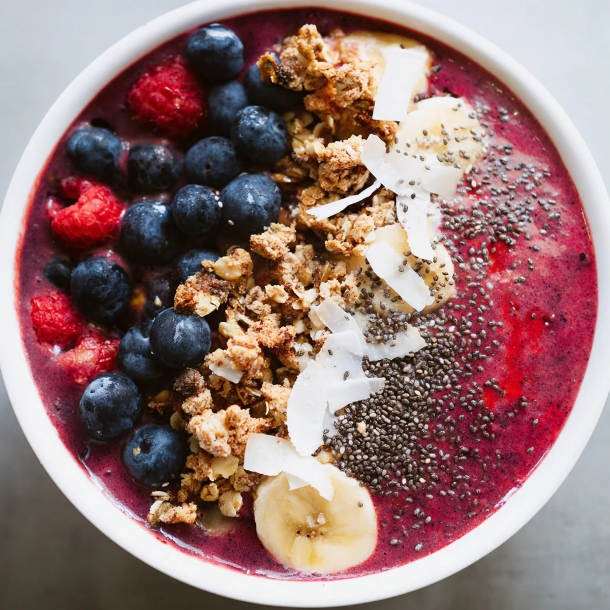 Two bowls of creamy Winter Berry Smoothie Bowl with sliced banana, shredded coconut, and pumpkin seeds on a rustic table.
