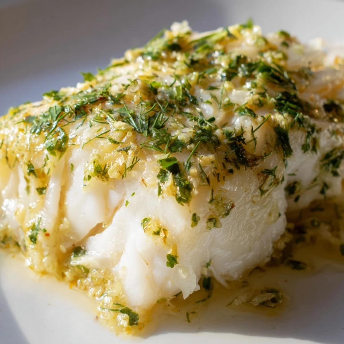Golden Baked Cod with Garlic Butter and Fresh Herbs flaking easily on a white plate, garnished with lemon.