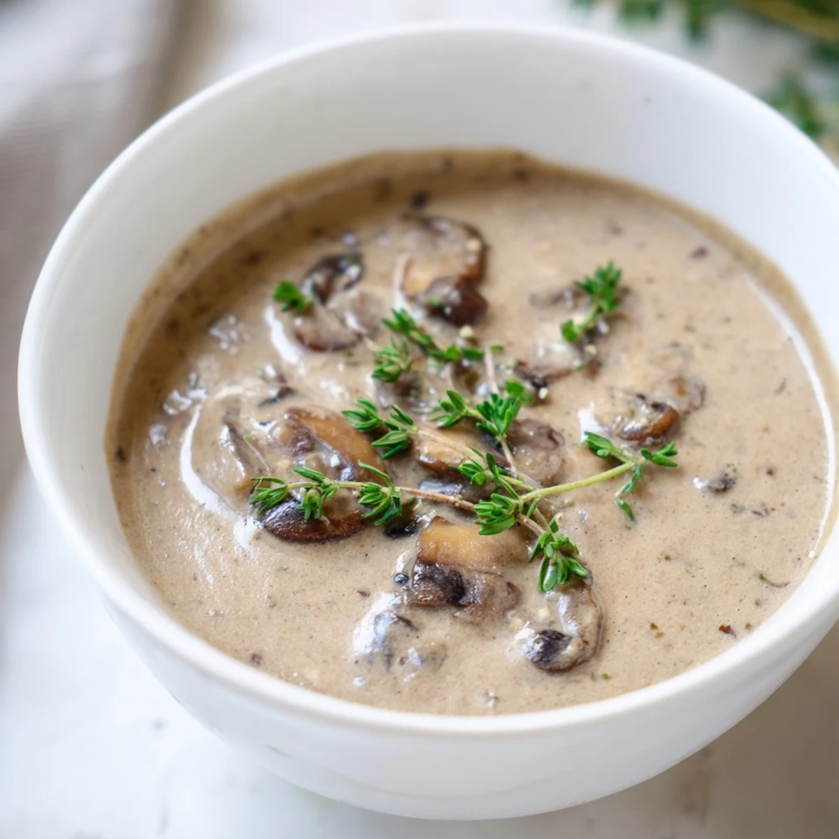 Creamy Mushroom Soup with Fresh Thyme ladle in a white bowl, garnished with fresh thyme, served with crusty bread.