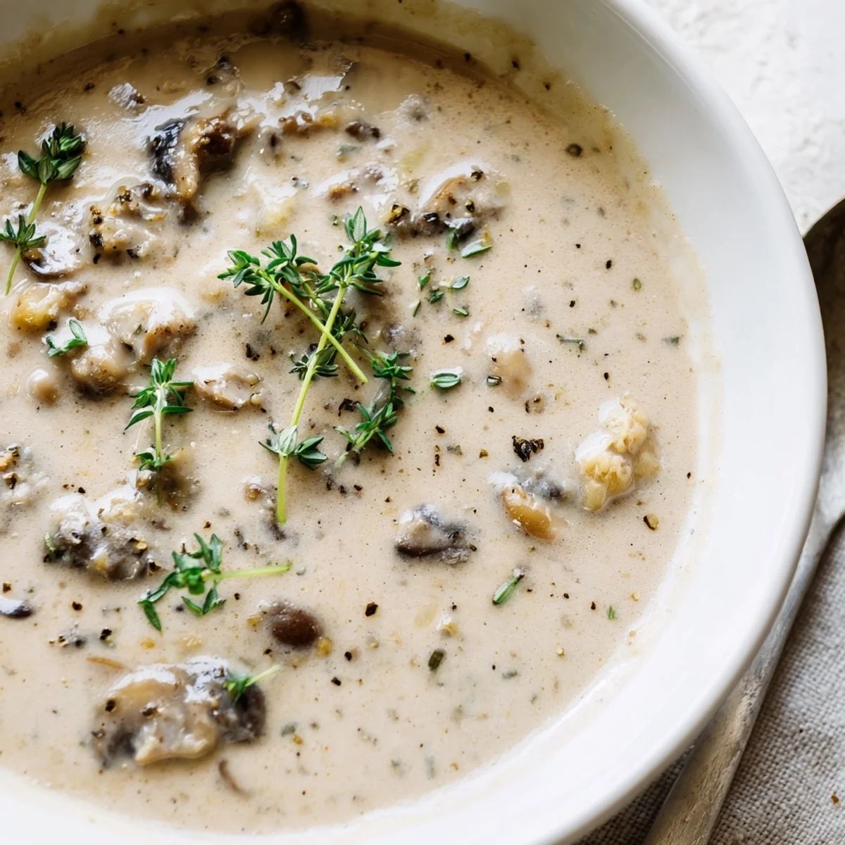 A close-up of creamy mushroom soup with fresh thyme, steam rising from a velvety, golden-brown broth.