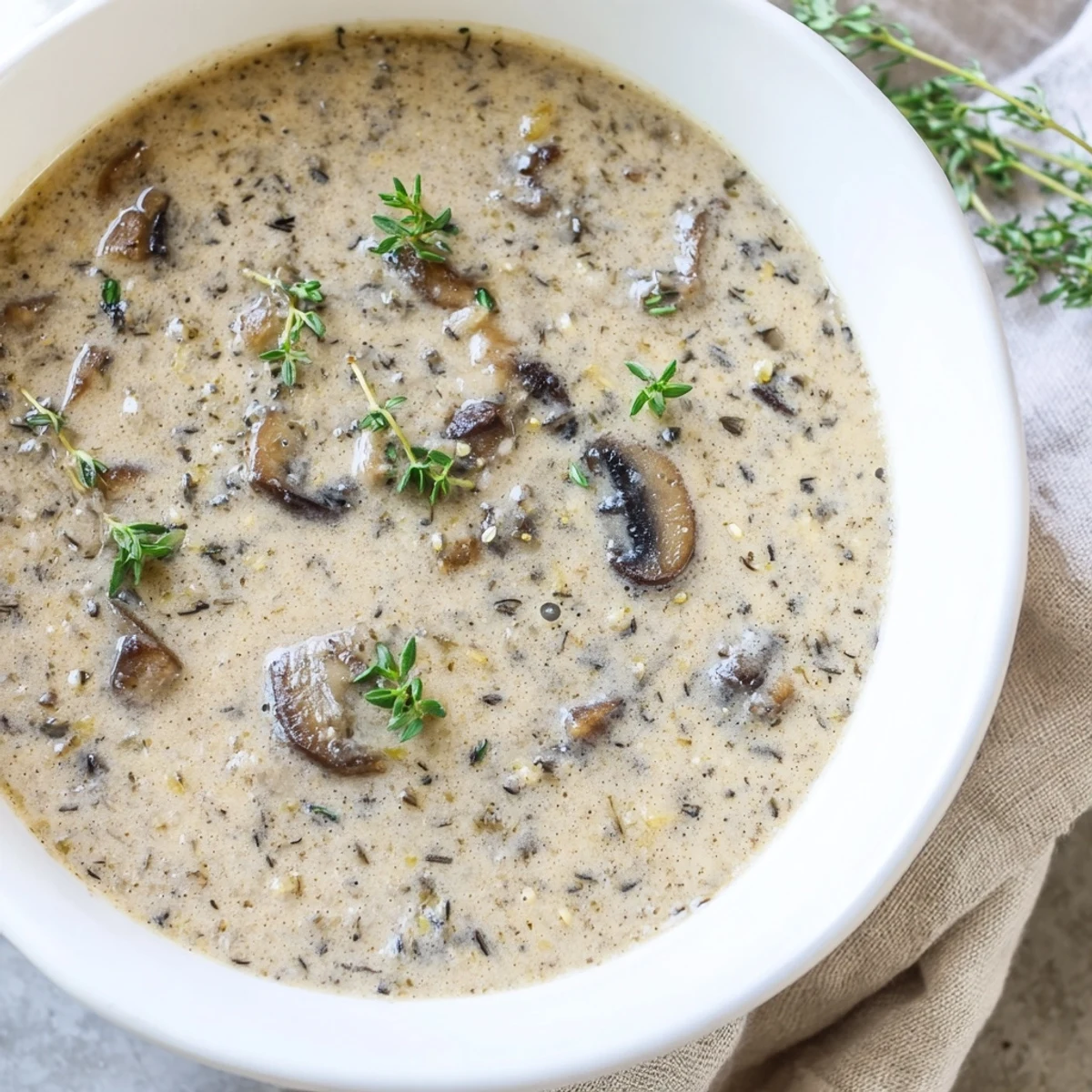 Creamy Mushroom Soup with Fresh Thyme in a rustic mug, garnished with thyme and parsley, served alongside salad.