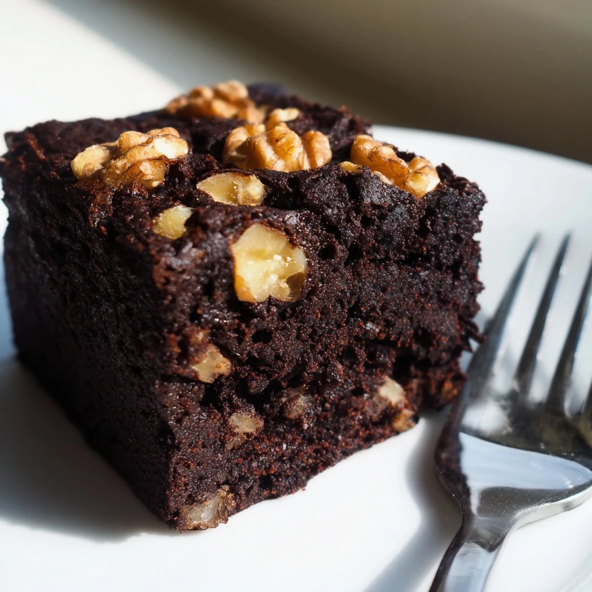 Decadent squares of Chocolate Fudge Brownies with Chopped Walnuts served on a dessert plate, ready to enjoy as a sweet treat.