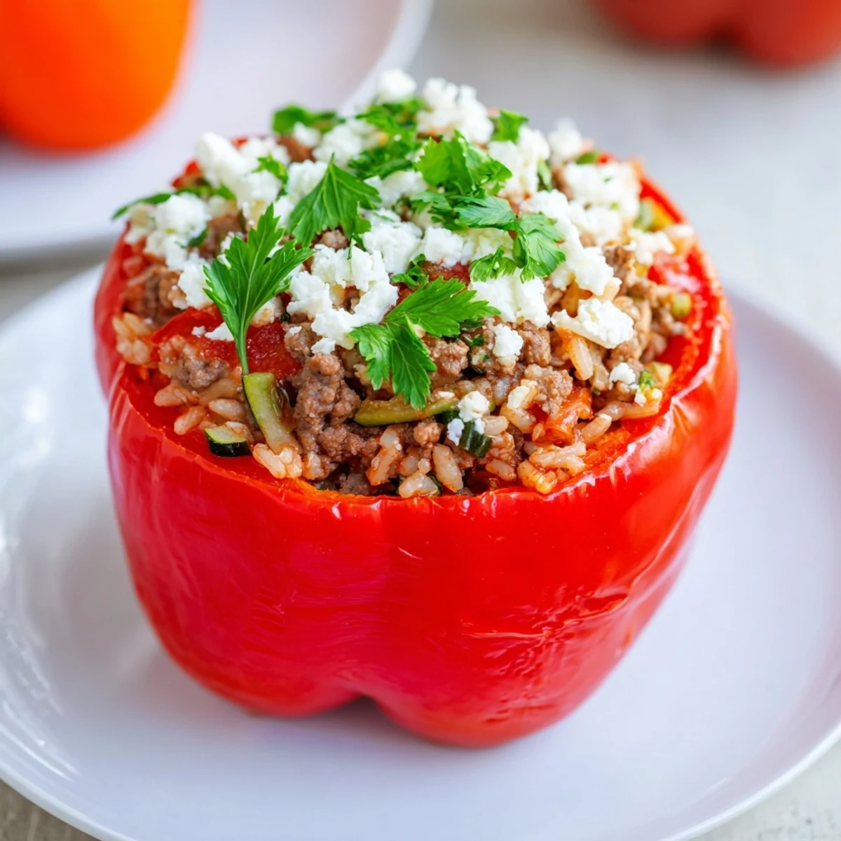 Golden Mediterranean Stuffed Bell Peppers with Ground Beef, topped with crumbled feta cheese and fresh parsley, are ready to serve.