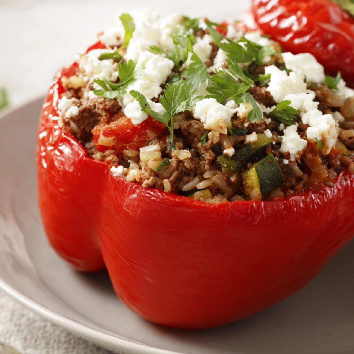Baked Mediterranean Stuffed Bell Peppers with Ground Beef stuffed with savory beef, rice, and vegetables, steaming on a rustic plate.