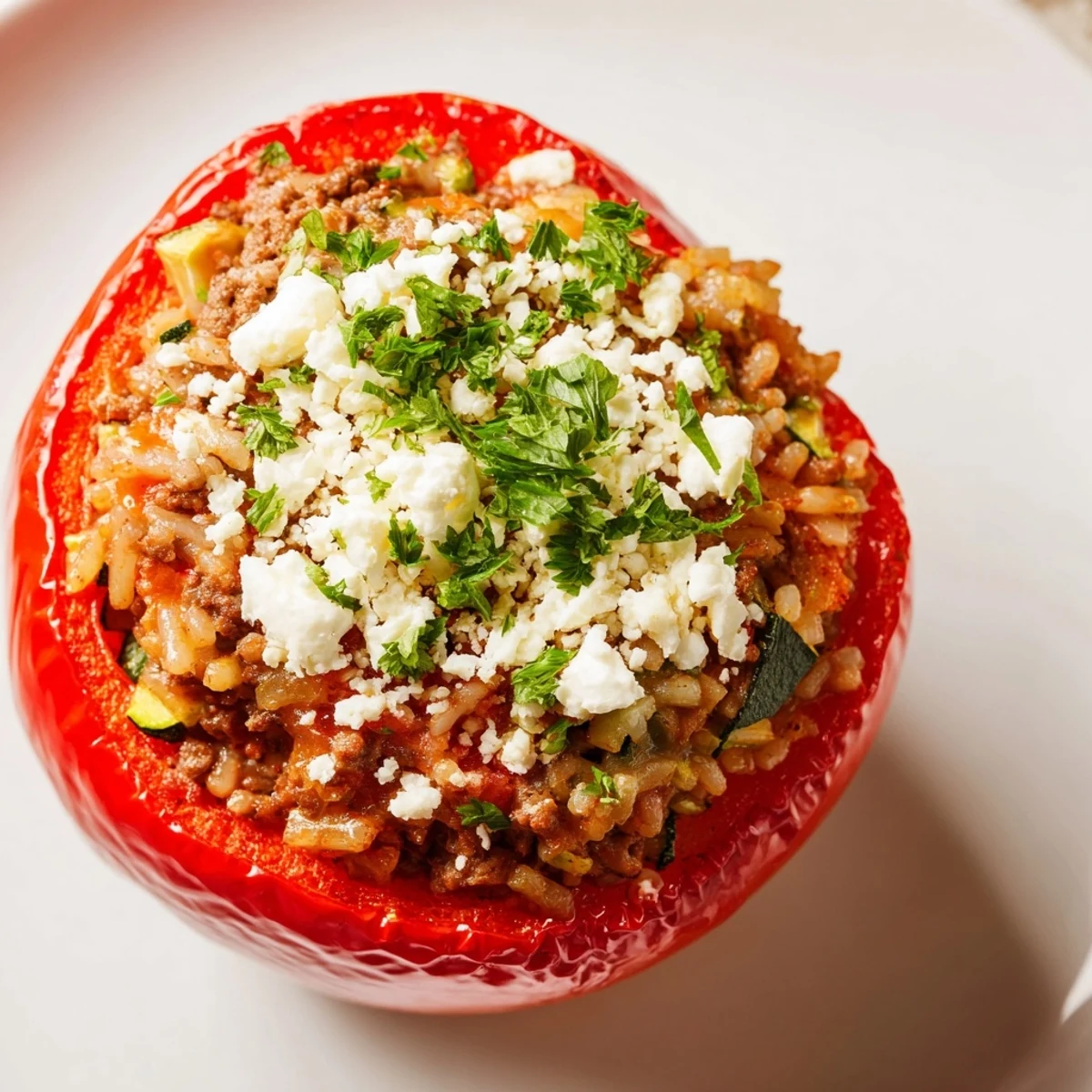 Homestyle Mediterranean Stuffed Bell Peppers with Ground Beef filled with spiced meat and grains, garnished with lemon wedges for brightness.