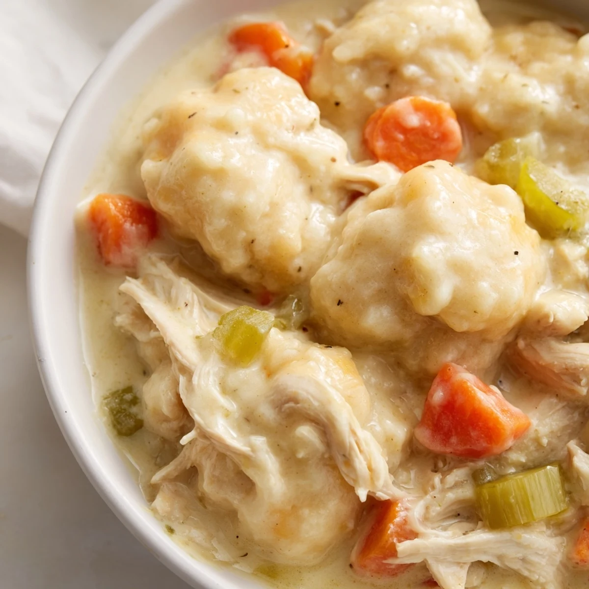 Slow Cooker Chicken and Dumplings with Carrots steaming in a creamy sauce next to fluffy dumplings and tender shredded chicken.