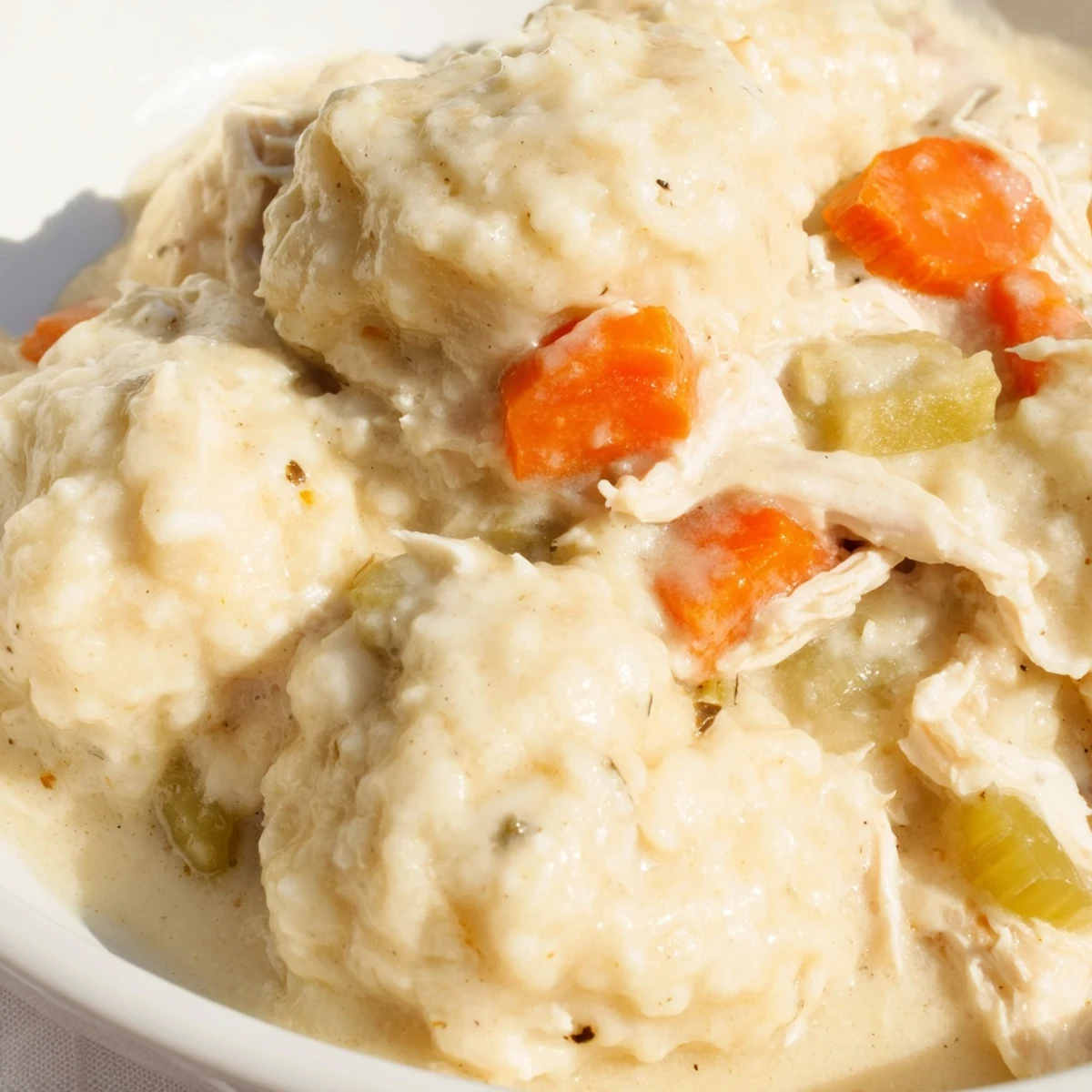 A spoon lifts a fluffy dumpling from Slow Cooker Chicken and Dumplings with Carrots, revealing a rich, creamy stew.