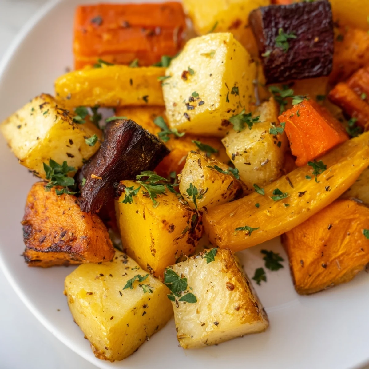 Golden-brown Roasted Root Vegetable Medley with Dried Herbs served hot from the oven, featuring carrots and sweet potatoes.