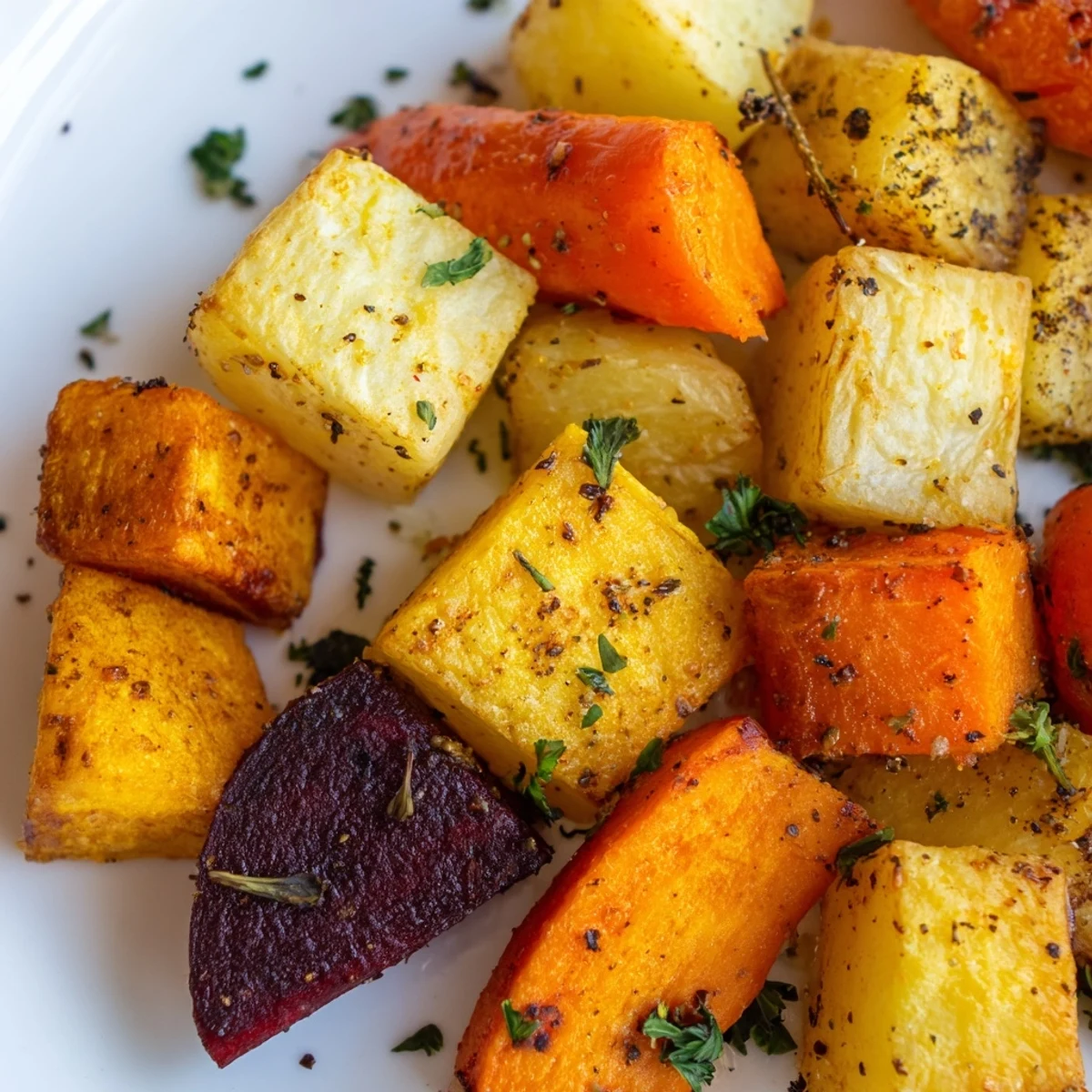 Aromatic Roasted Root Vegetable Medley with Dried Herbs tossed in olive oil and fresh parsley, garnished on a rustic plate.
