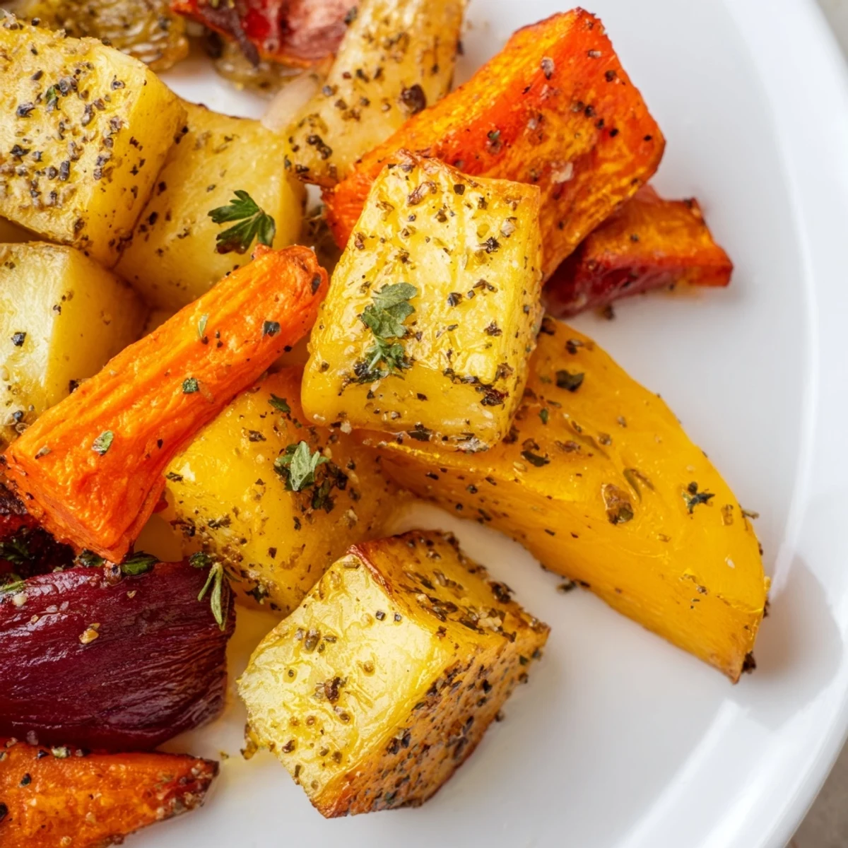 Vibrant Roasted Root Vegetable Medley with Dried Herbs showcasing caramelized beets and parsnips, perfect for a healthy side dish.