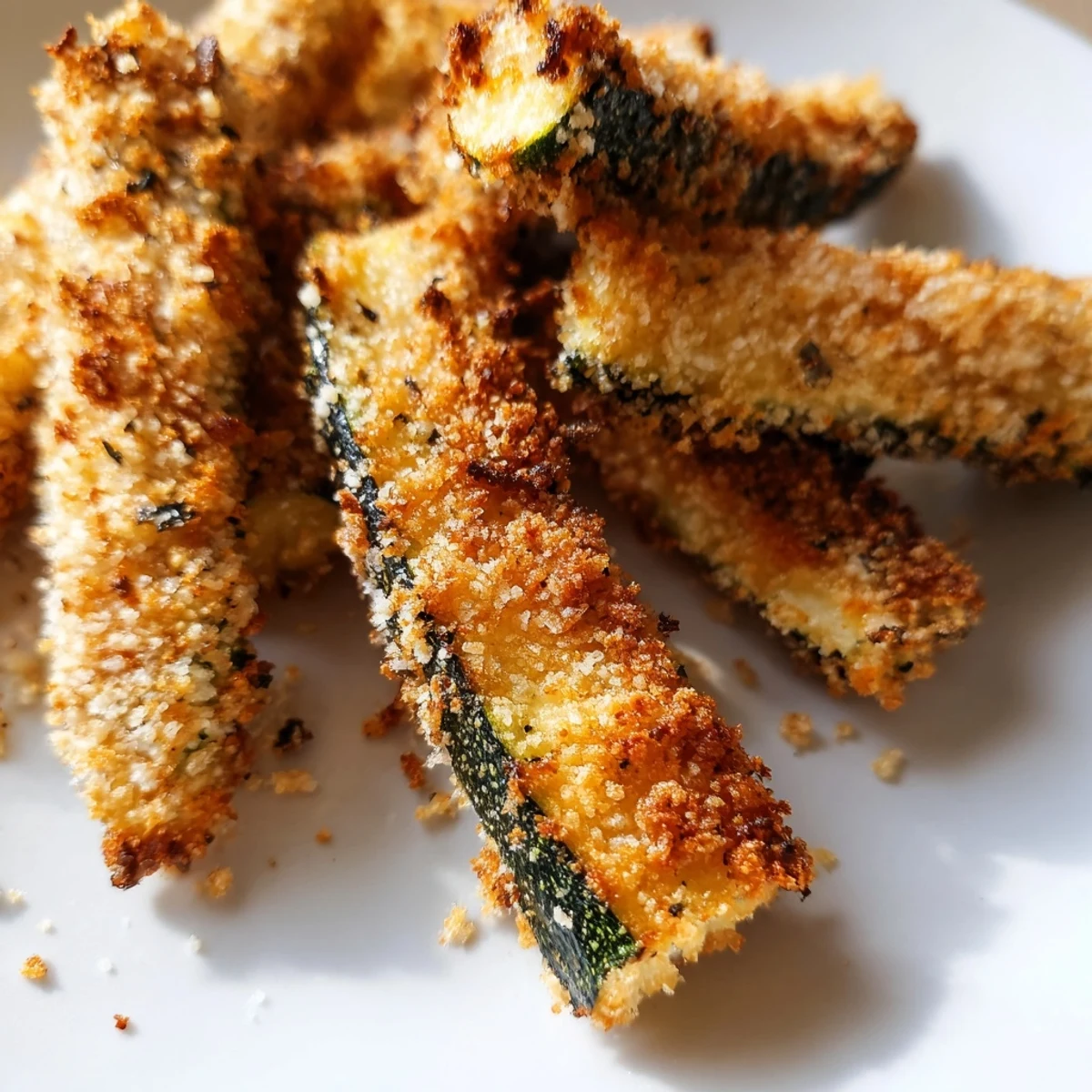 Crispy Baked Parmesan Zucchini Fries with golden edges are arranged on a plate with a side of marinara sauce.