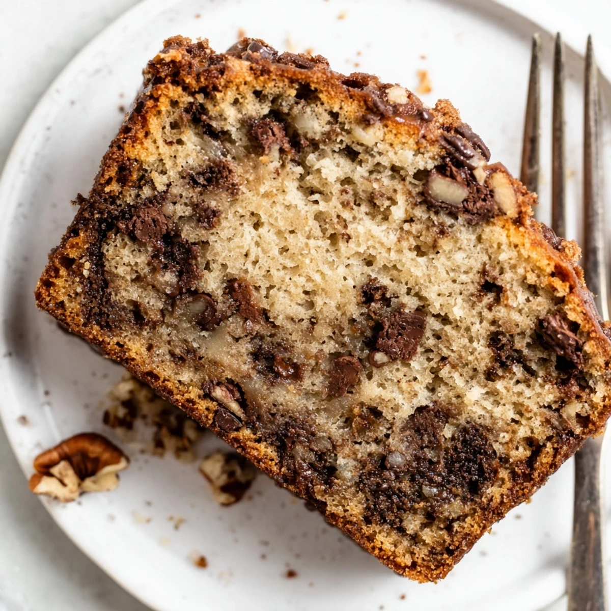 A golden-brown loaf of Chocolate Chip Banana Bread with Pecans sits on a wooden cutting board ready for slicing.