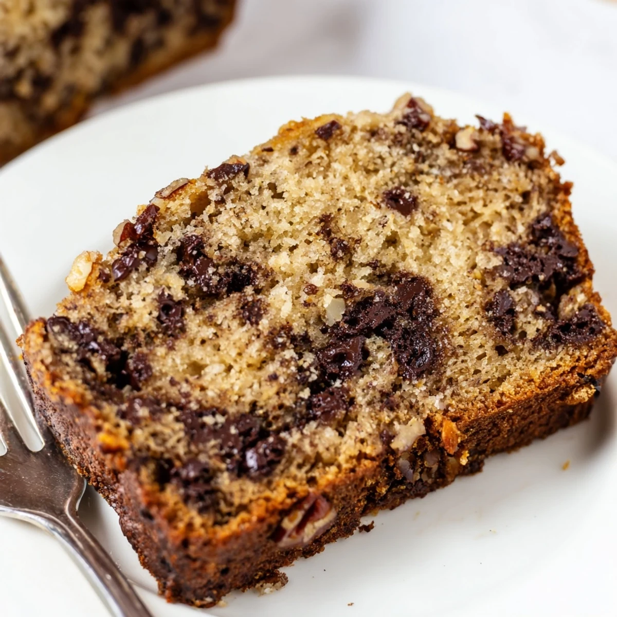 A slice of warm Chocolate Chip Banana Bread with Pecans shows gooey chocolate chips and crunchy nut pieces on a plate.