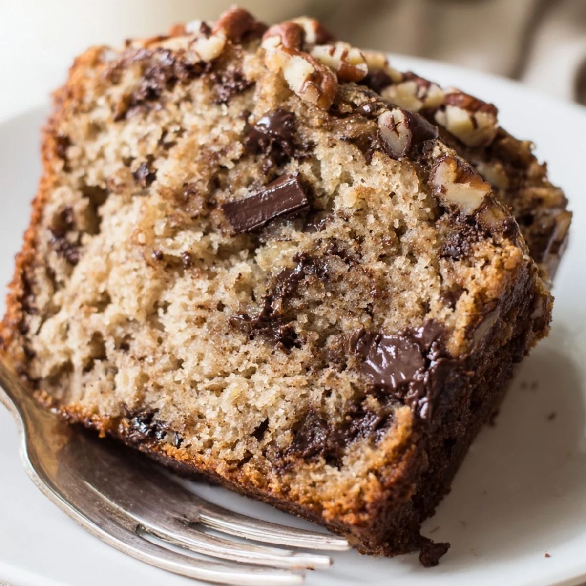 Freshly baked Chocolate Chip Banana Bread with Pecans served on a plate, showcasing moist interior and melted chocolate chunks.