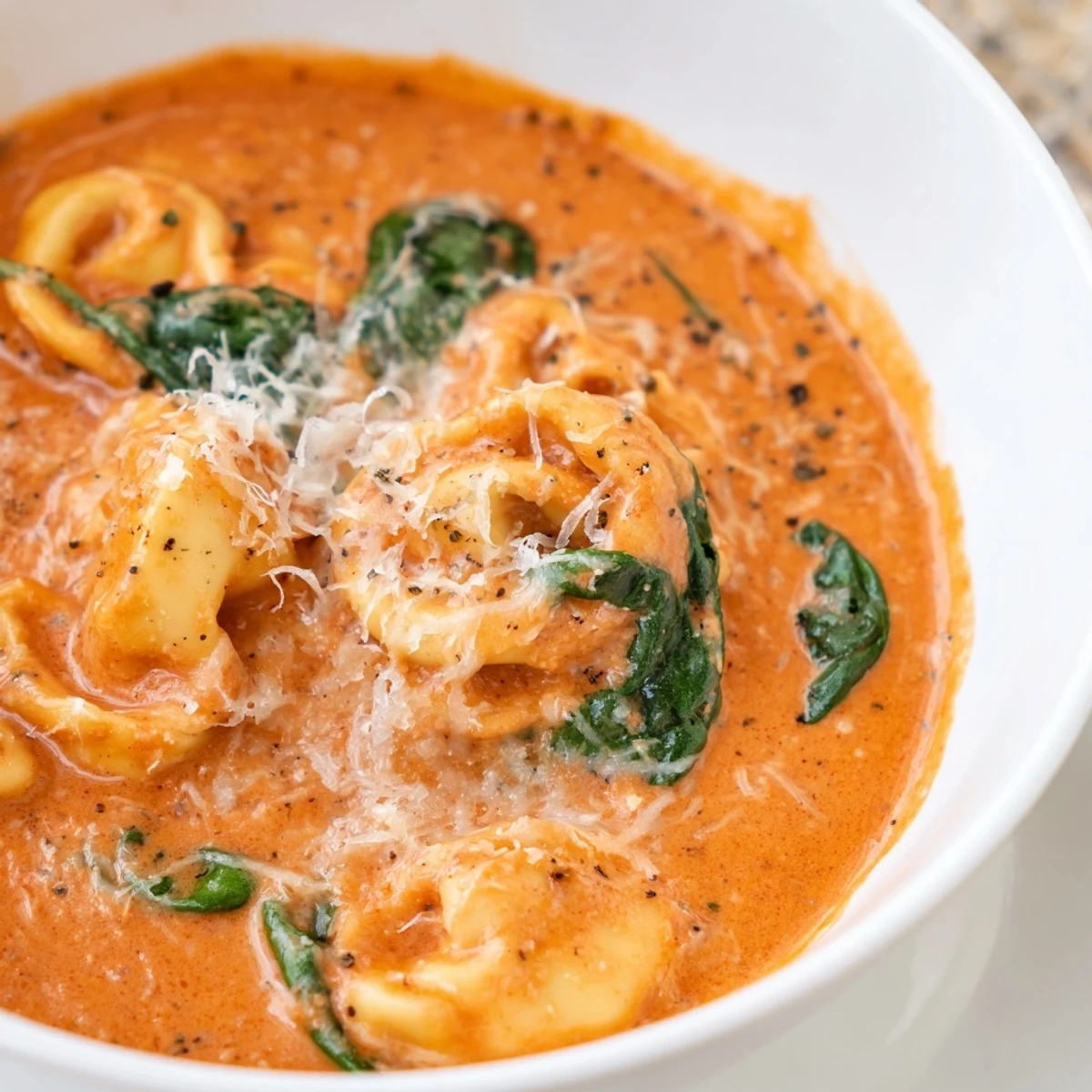 A spoonful of Creamy Tomato and Tortellini Soup with Spinach, highlighting wilted greens and creamy texture, served alongside warm crusty bread.