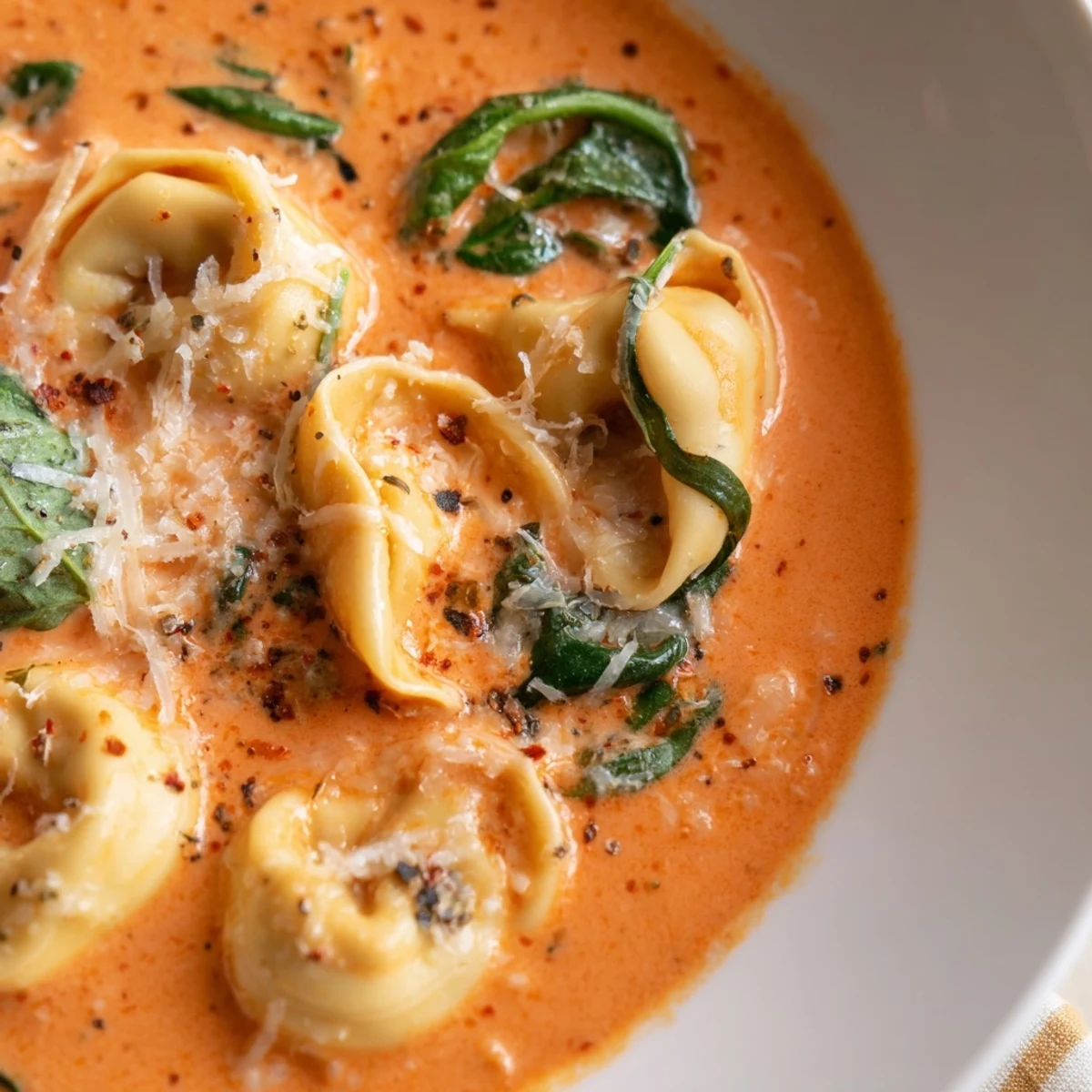 Freshly grated Parmesan garnish on Creamy Tomato and Tortellini Soup with Spinach, served in a white ceramic bowl with fresh basil.