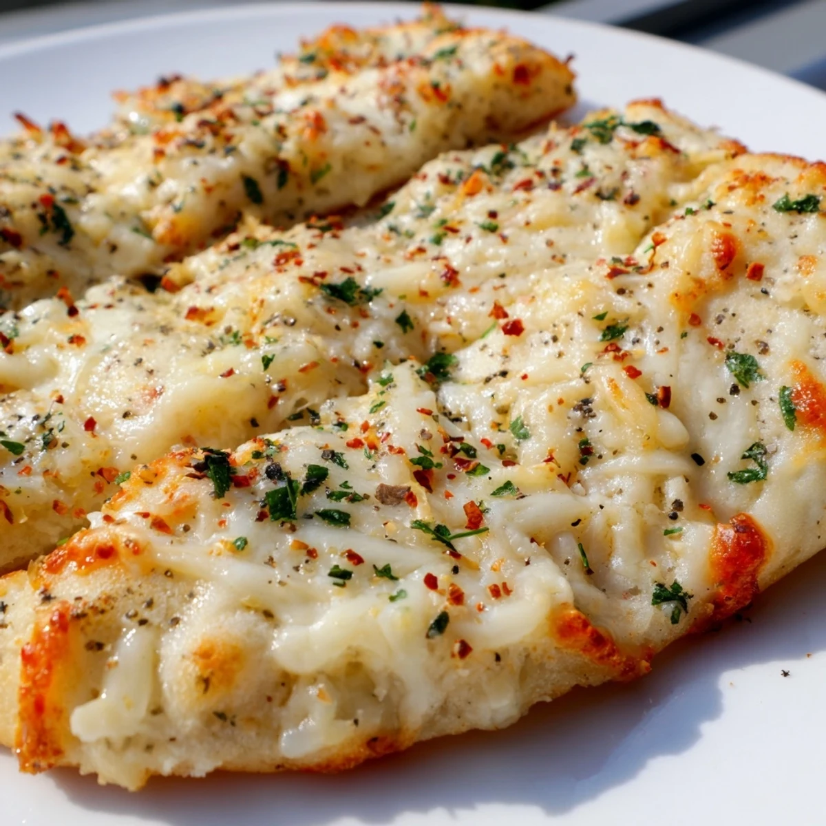 Freshly baked Cheesy Garlic Pizza Bread with bubbling mozzarella and cheddar on a golden, garlic-buttered crust.