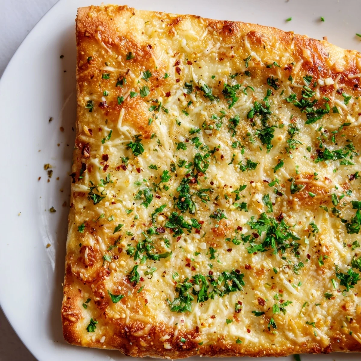 A close-up of Cheesy Garlic Pizza Bread, garnished with fresh parsley and ready to serve warm.