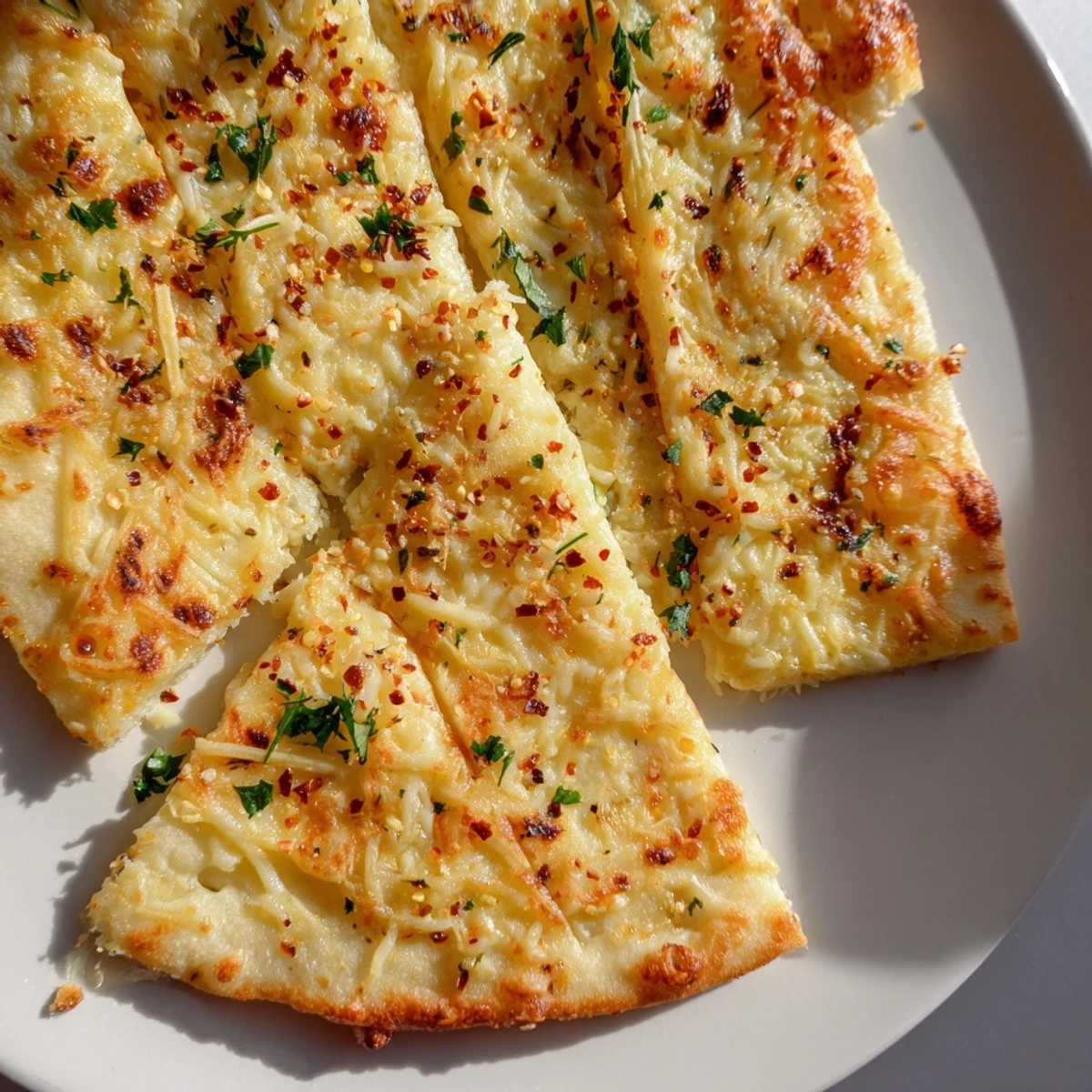 Golden-brown Cheesy Garlic Pizza Bread cut into slices, revealing a soft interior and melty cheese toppings.