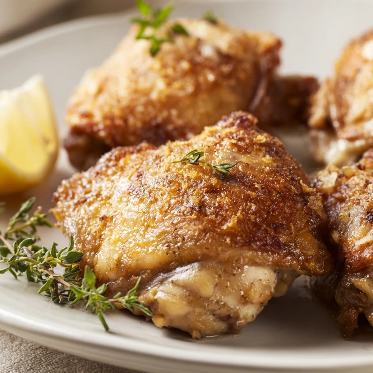 Golden brown Roasted Chicken Thighs with Lemon and Thyme fresh from the oven, served with lemon wedges.