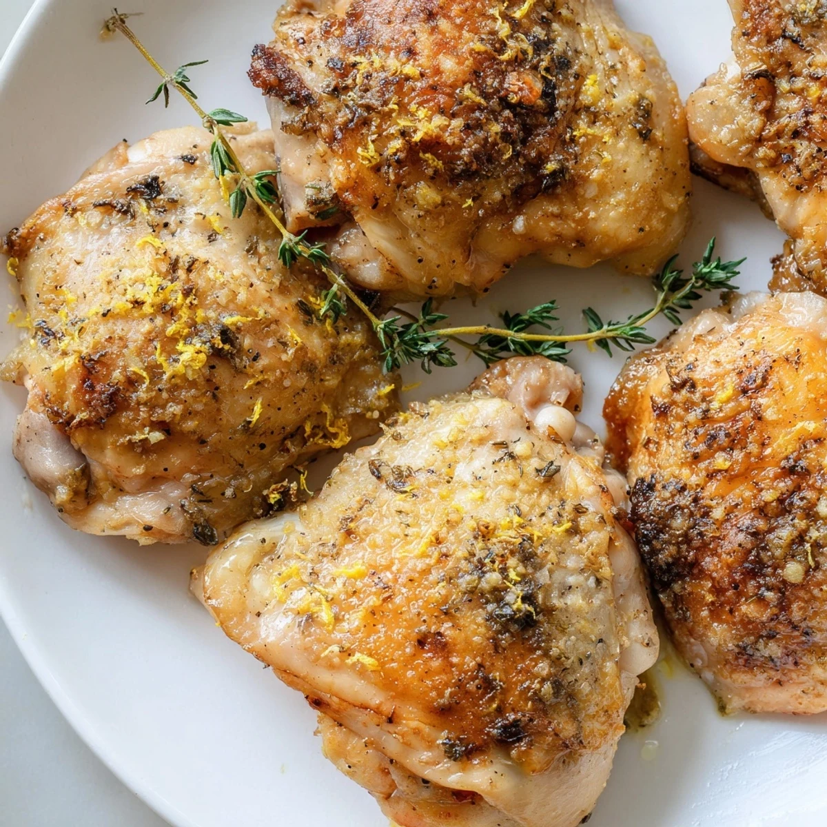 Fresh herbs and lemon garnish Roasted Chicken Thighs with Lemon and Thyme on a rustic serving platter.