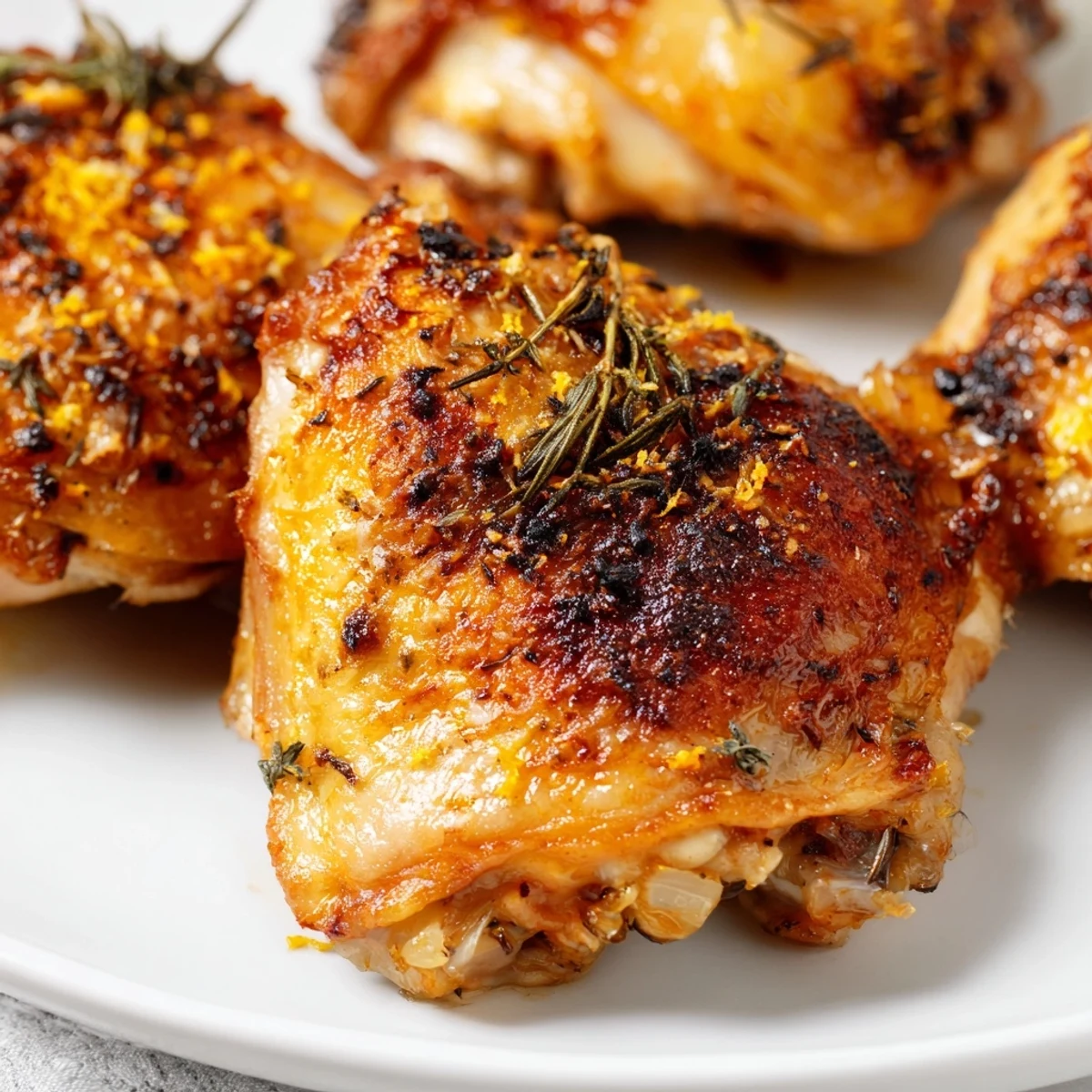 Juicy Roasted Chicken Thighs with Lemon and Thyme resting on a baking sheet with crispy skin.