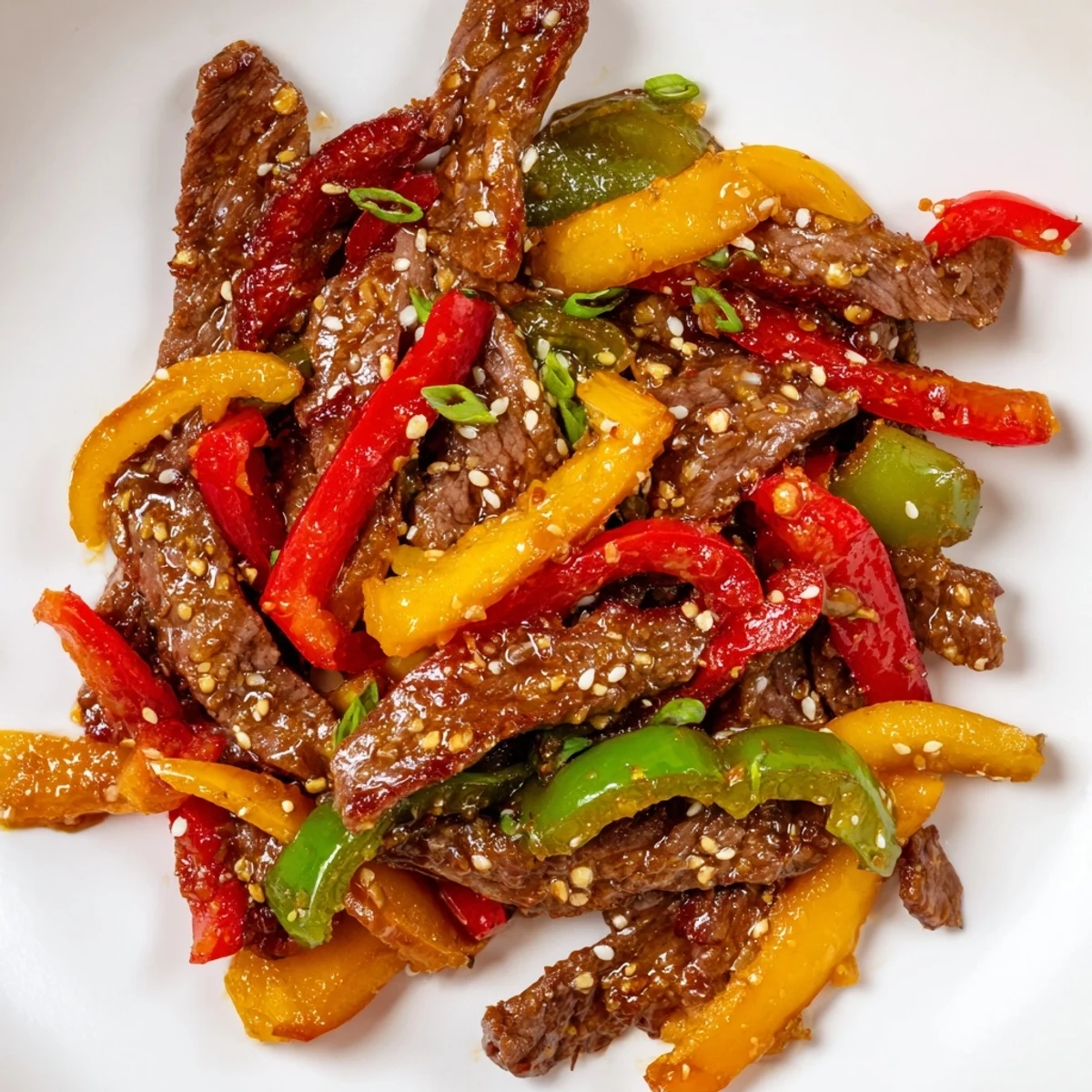 A close-up of Spicy Beef and Bell Pepper Stir Fry glistening with bold sauce, garnished with scallions and sesame seeds.