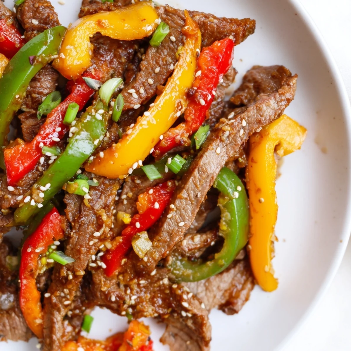 Spicy Beef and Bell Pepper Stir Fry sizzling in a wok, loaded with colorful peppers and aromatic garlic and ginger.