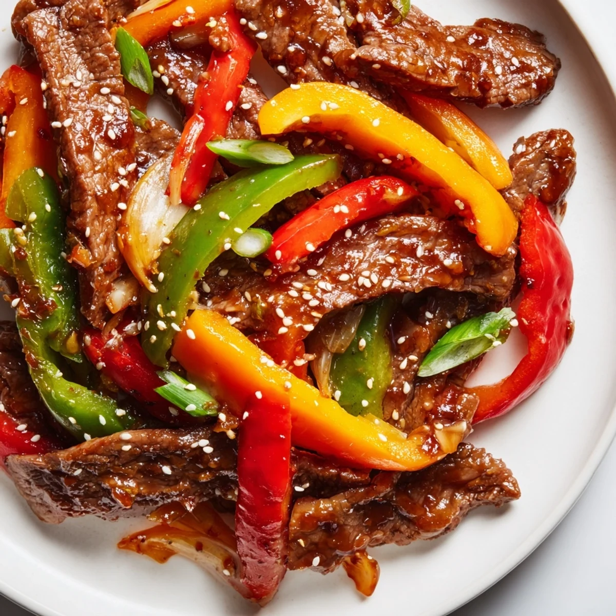 Ready-to-serve Spicy Beef and Bell Pepper Stir Fry in a white bowl with steamed rice, perfect for a weeknight dinner.