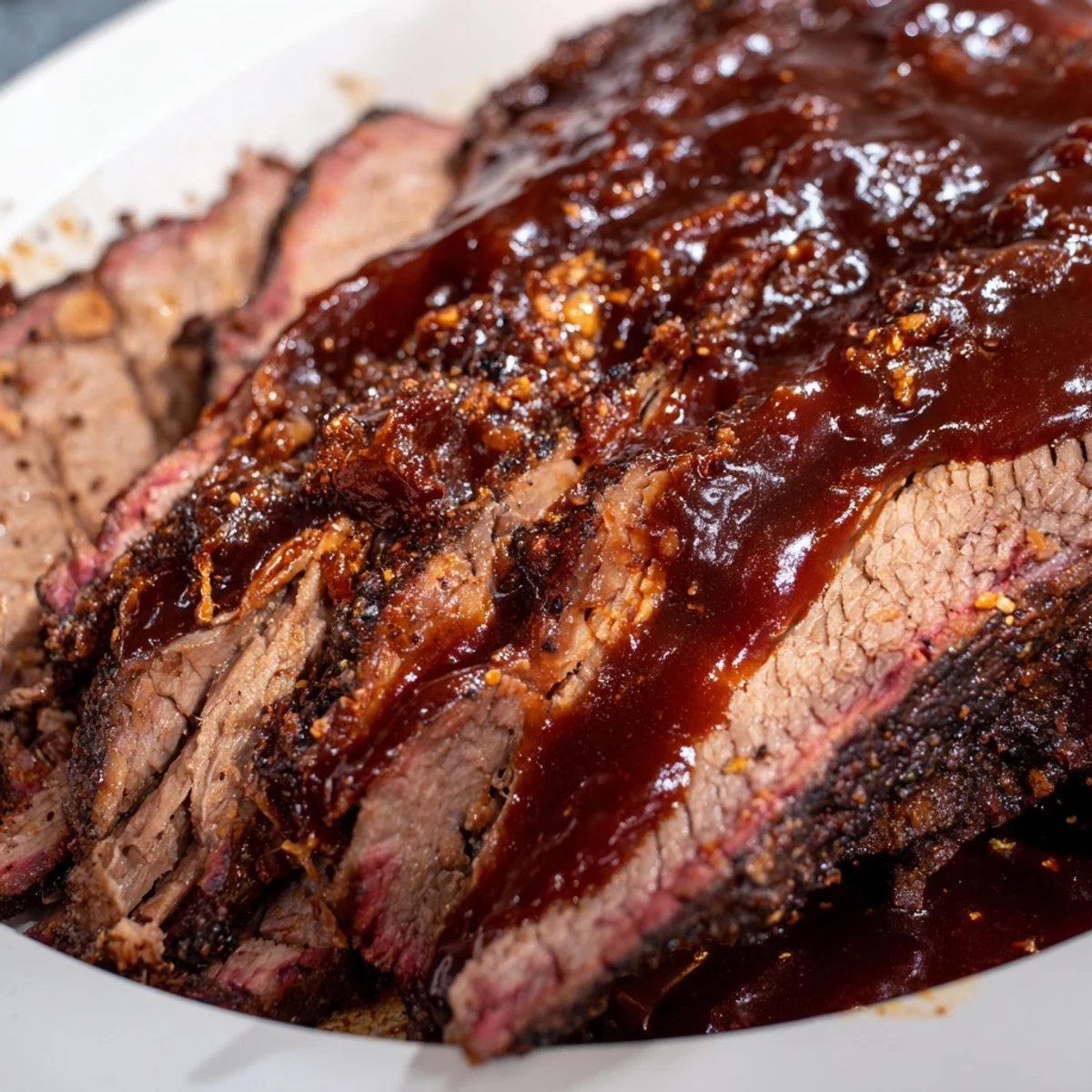 Tender slices of Slow Cooked Beef Brisket with BBQ Sauce glisten, served alongside classic coleslaw and cornbread on a rustic plate.