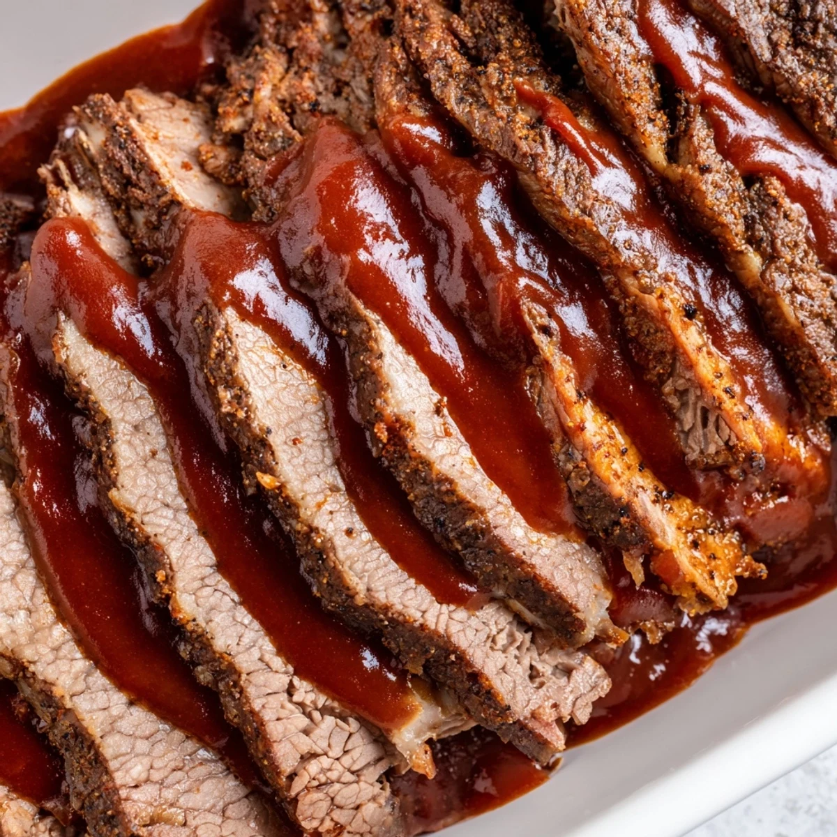 Slow Cooked Beef Brisket with BBQ Sauce steams appetizingly, garnished with fresh parsley and a side of pickles for a tangy crunch.
