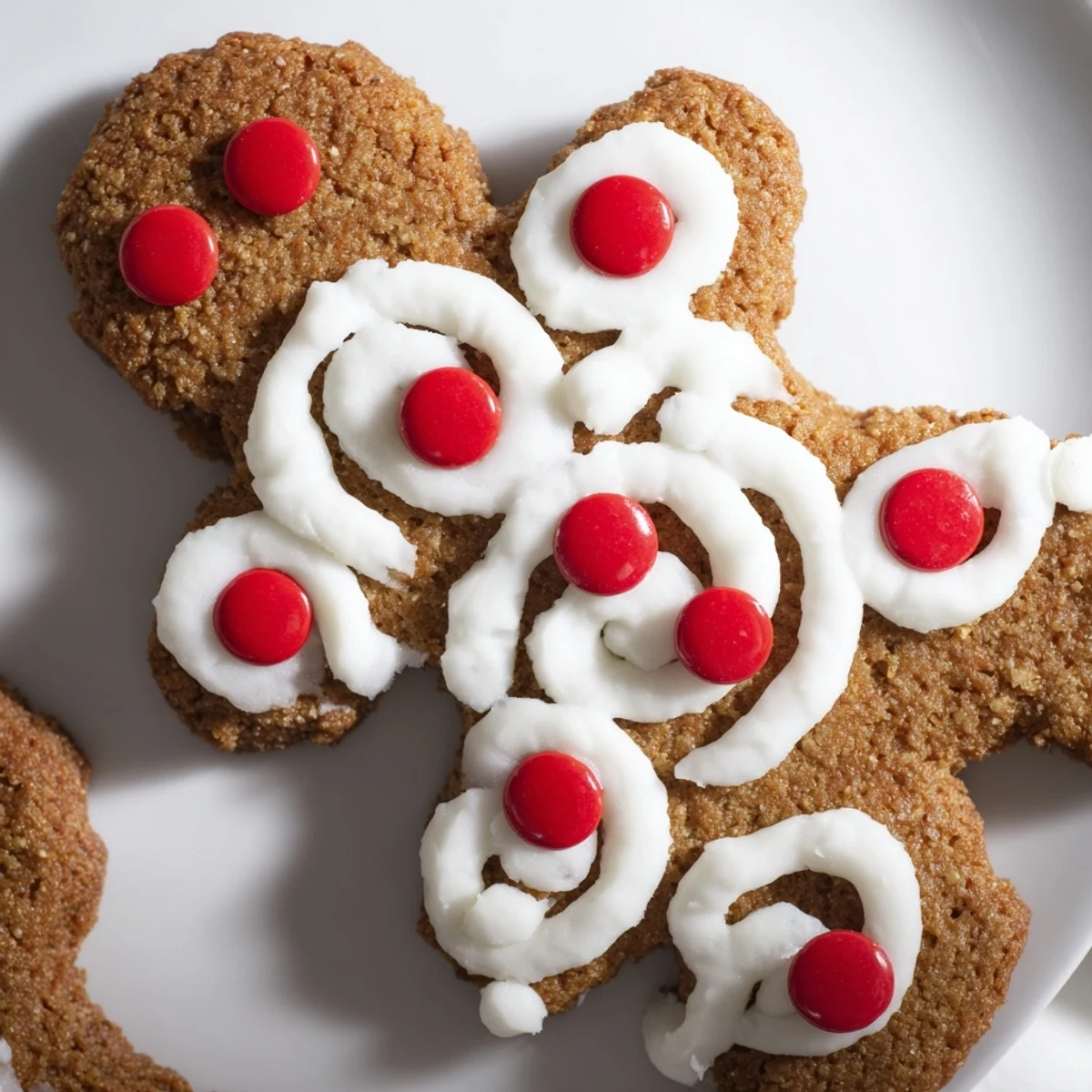 On a white plate, a stack of Gingerbread Men Biscuits shows soft centers and crispy edges dusted with sugar.