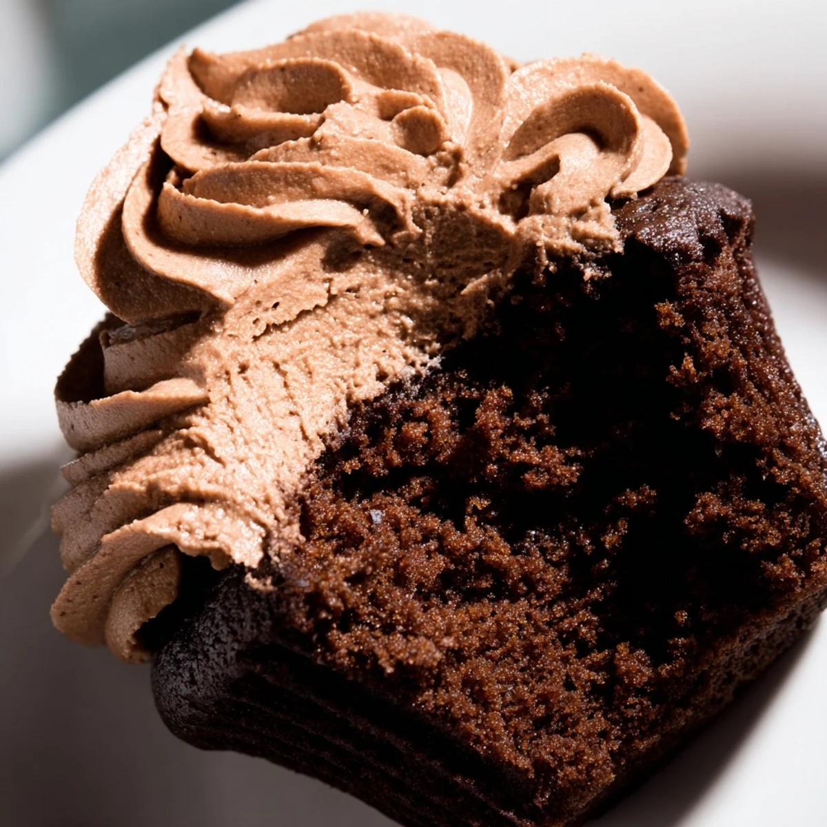Moist Chocolate Cupcakes with creamy chocolate frosting, stacked high on a white plate for a sweet dessert treat.