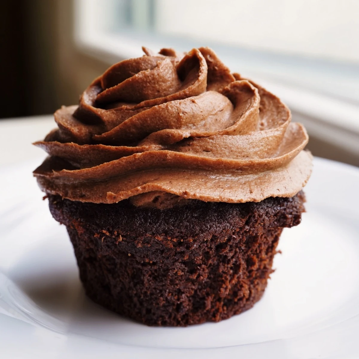 Two Chocolate Cupcakes with fluffy frosting sit on a marble counter beside a tall glass of cold milk.