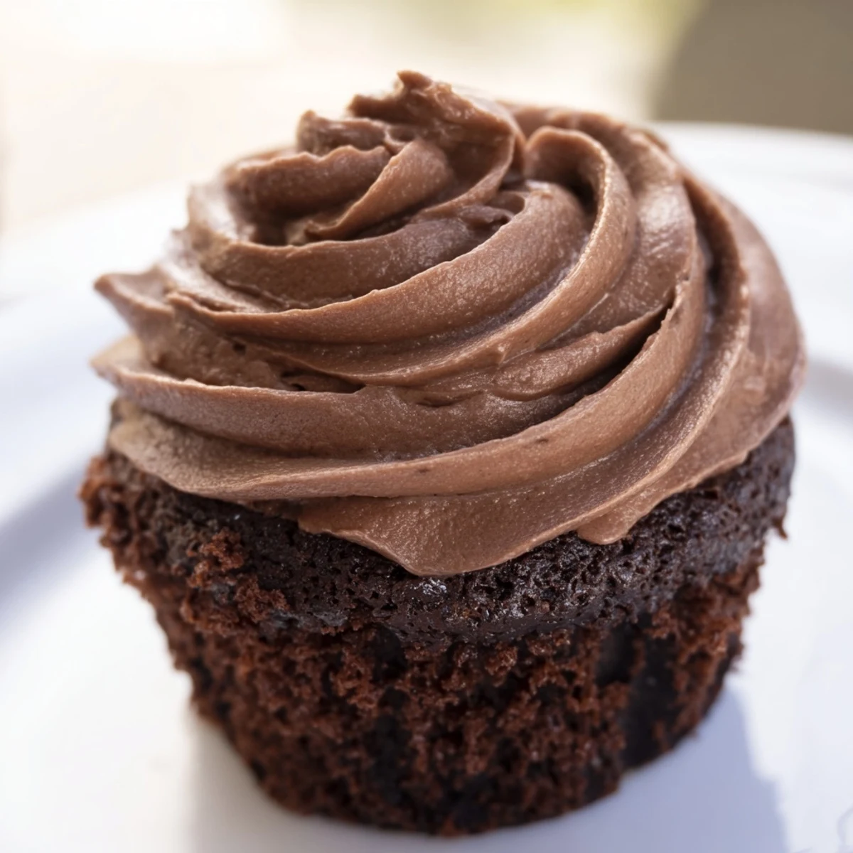 A freshly baked Chocolate Cupcake with rich frosting is topped with a chocolate drizzle and colorful sprinkles.