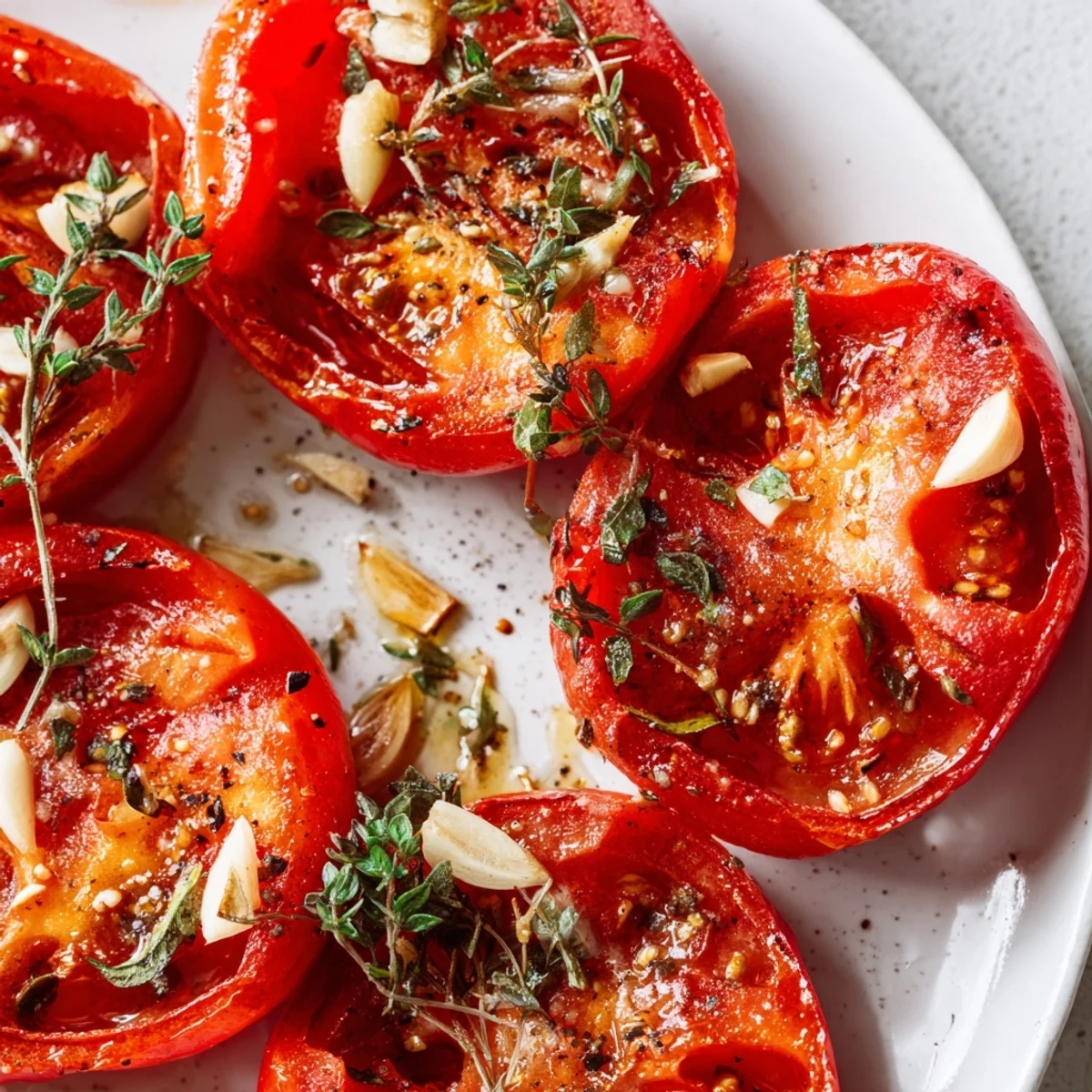 Golden roasted tomato halves with thyme and garlic on a baking sheet, glistening with olive oil.