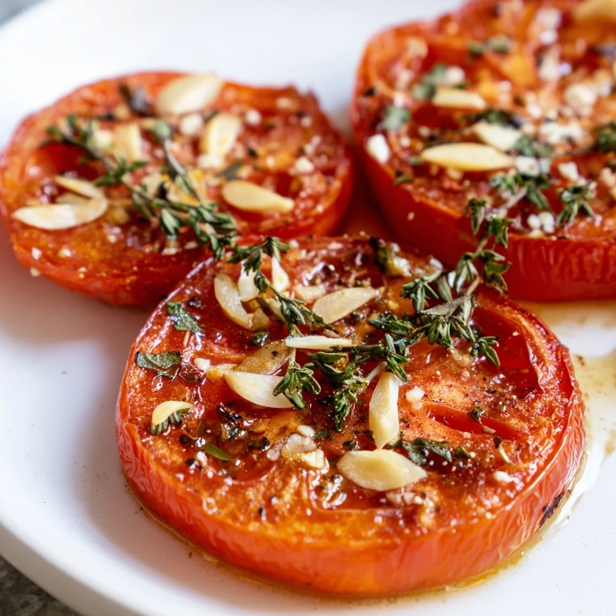 Caramelized roasted tomatoes with herbs over toasted bread, perfect for bruschetta or tossing with pasta.
