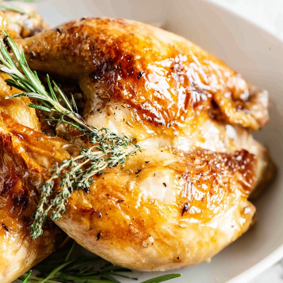 A rustic garlic roast chicken with golden-brown, crispy skin is nestled among charred lemon halves and fragrant sprigs of thyme on a dark wooden table.  